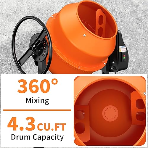 Miniatura 5 de Mezclador de cemento BSMTEK de 4.3 pies cúbicos, mezclador de hormigón eléctrico portátil de 3/5HP y 450W con soporte y ruedas para yeso, mortero,