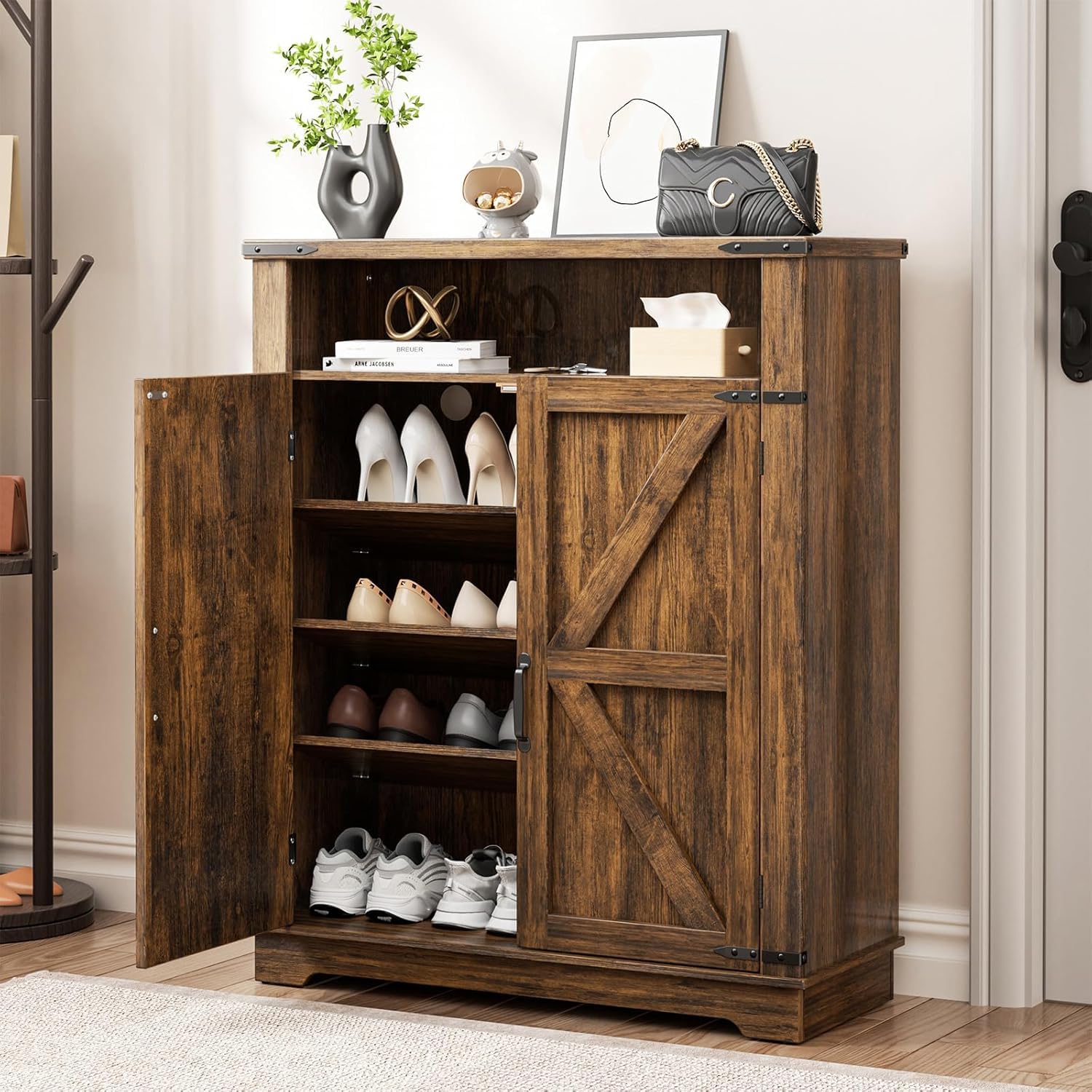 OCTORO Shoe Cabinet with 2 Doors, Farmhouse Style Shoe Storage Cabinet, Shoe Rack Cabinet with Adjustable Shelves & Anti-tip Fitting, Shoe Cupboard for Entryway, Living Room and Hallway, Brown