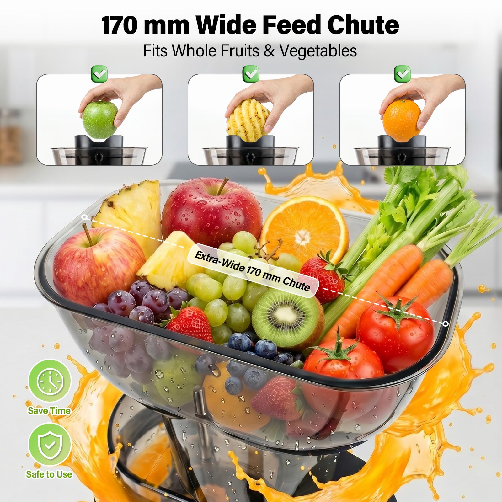 Slow Juicer 500W mit 170mm XXL Einfüllöffnung, Elektrischer Entsafter Kaltpress, BPA-frei, 3-Fach-Filtersystem, Leiser Obst- & Gemüseent­safter, Einfach zu Reinigen, Mit 2 Gläsern & Bürste