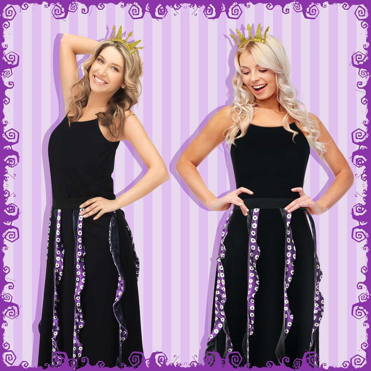 3 Pcs Women Octopus Costume Black Purple Octopus Dress Long Tentacles Gold Crown Undersea Witch for Halloween - Image 4