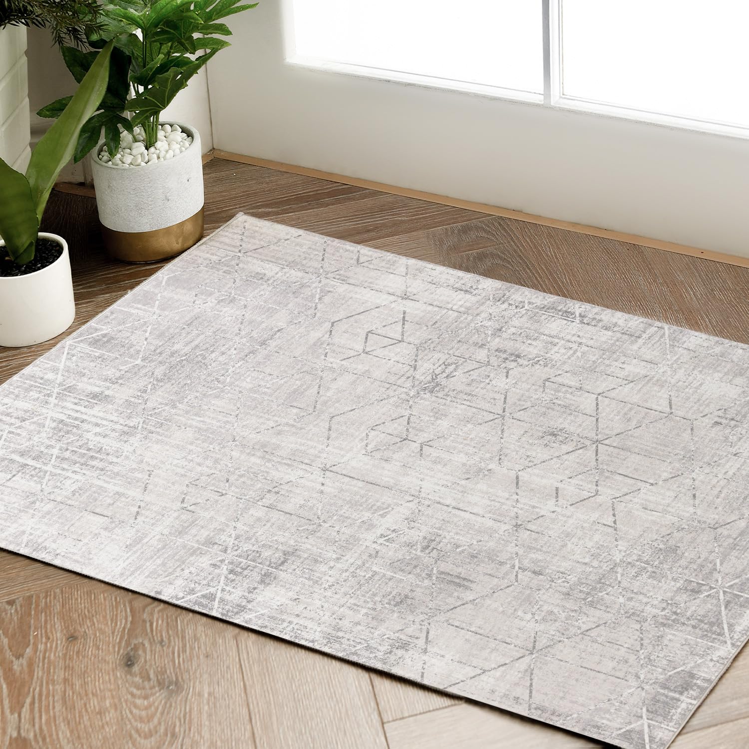 jinchan Area Rug 2x3 Washable Rug Grey Rug Modern Carpet Indoor Floor Cover Vintage Mat Soft Rug Gray Multi Geometric Accent Rug for Living Room Bedroom Kitchen Non Slip Office Bathroom