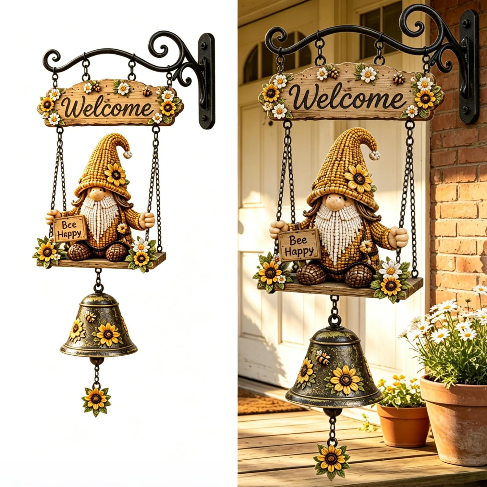 Rustic Gnome Welcome Bell – Handmade Bee & Sunflower Garden Bell, Decorative Hanging Doorbell for Farmhouse, Front Porch, Fence, Patio, Funny Dinner Bell Gift for Mom