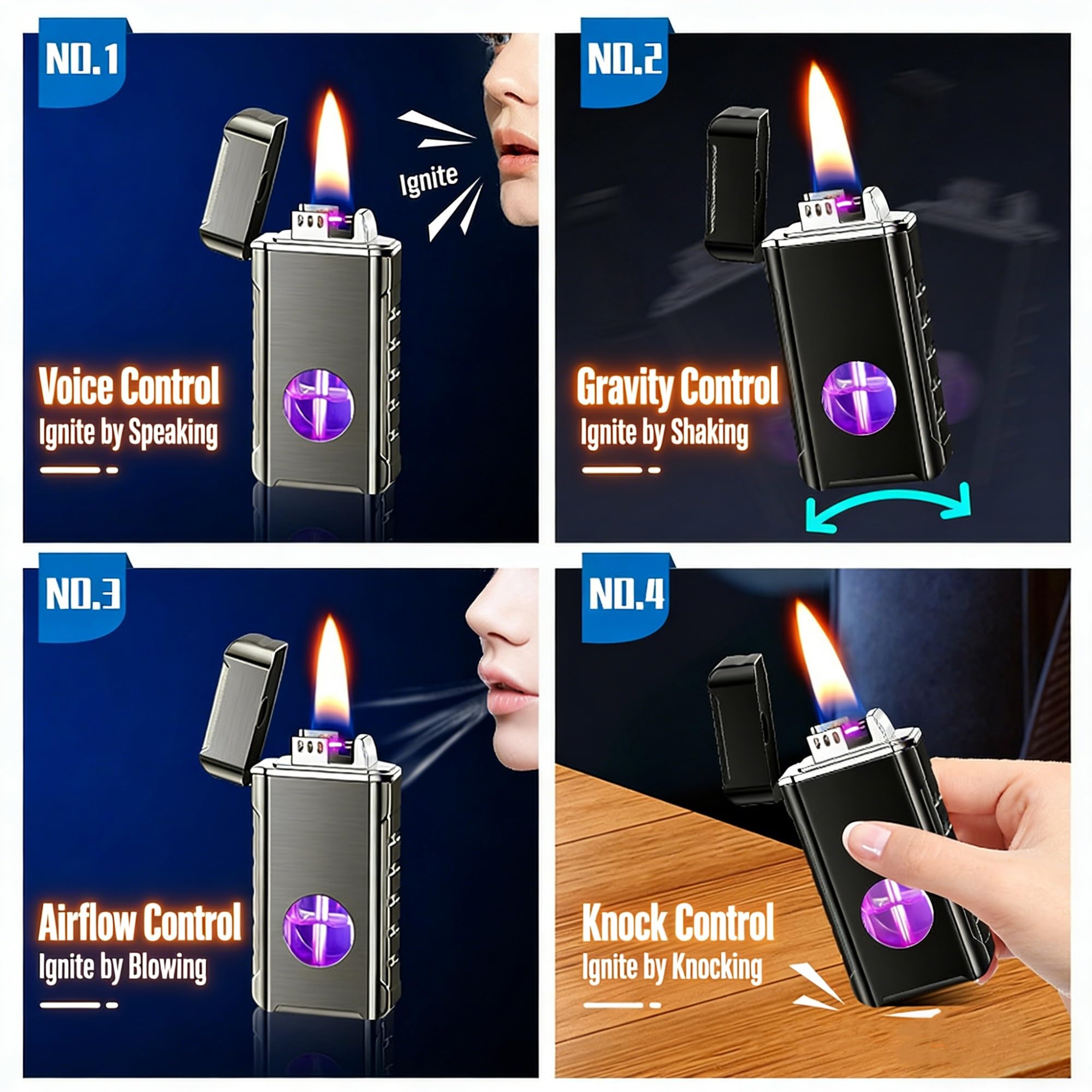 Briquet au kérosène avec 4 méthodes d'allumage, design de réservoir de carburant, commande vocale, soufflage, secousse, toucher, corps en métal durable, fonctionnement sans interrupteur