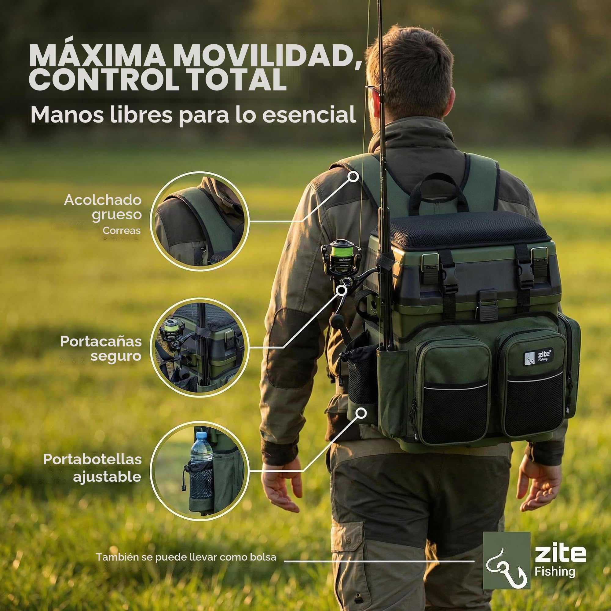 Zite Fishing Mochila Multifuncional con Asiento - Incluye 4 Cajas de plástico en la Tapa - Ideal para Guardar Accesorios de Pesca