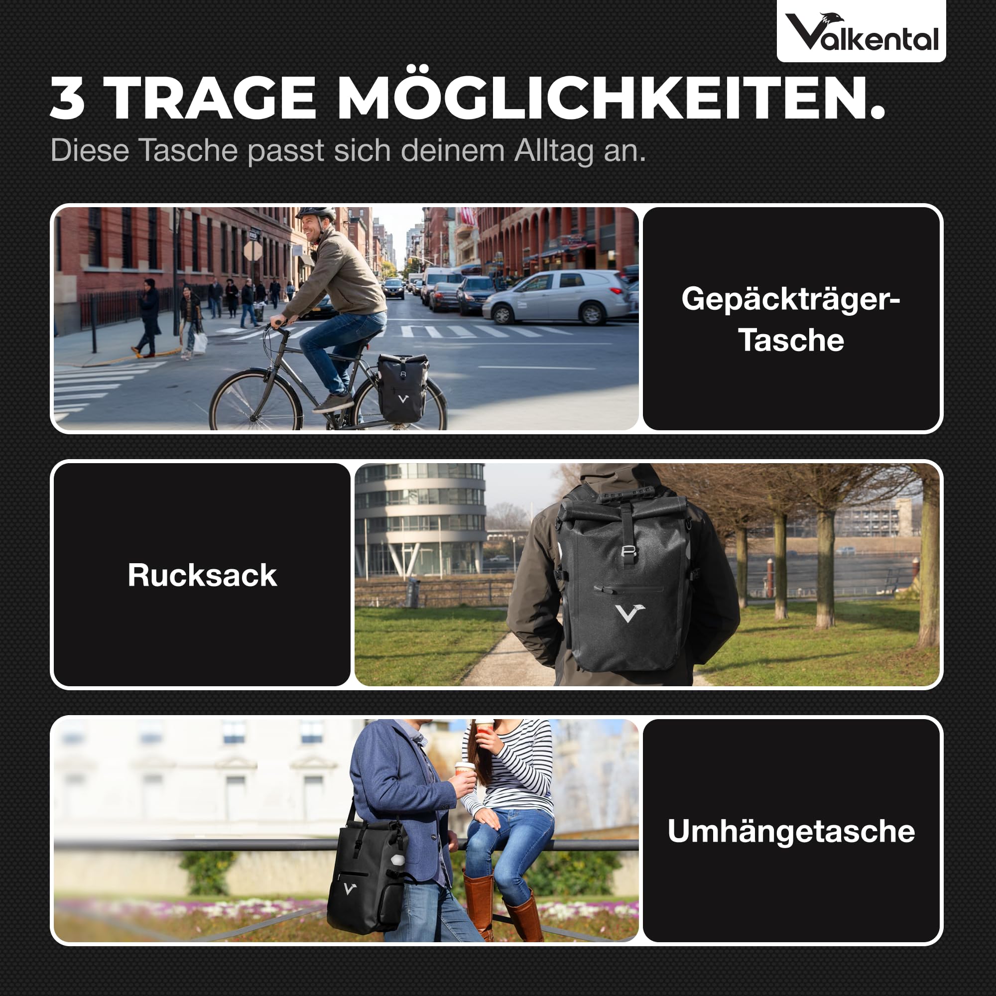 Valkental® - 3in1 Fahrradtasche Pro - Das Original - Hochwertiges Nylon - 23L Volumen - Geeignet als Gepäckträgertasche, Rucksack & Umhängetasche - 100% Wasserdicht - Fahrradtasche für Gepäckträger