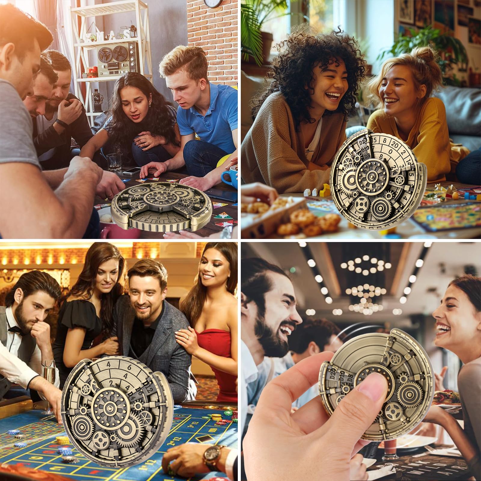 Jeu de Roulette Dés D&D en Métal, 7-en-1 Métallique Engrenage Spinner + 7 Dés DND Polyédriques en Métal, Cadeaux D&D avec Boîte Cadeau, RPG, MTG, Jeux de Tableau, Accessoires pour Jeux de Rôle, Bronze