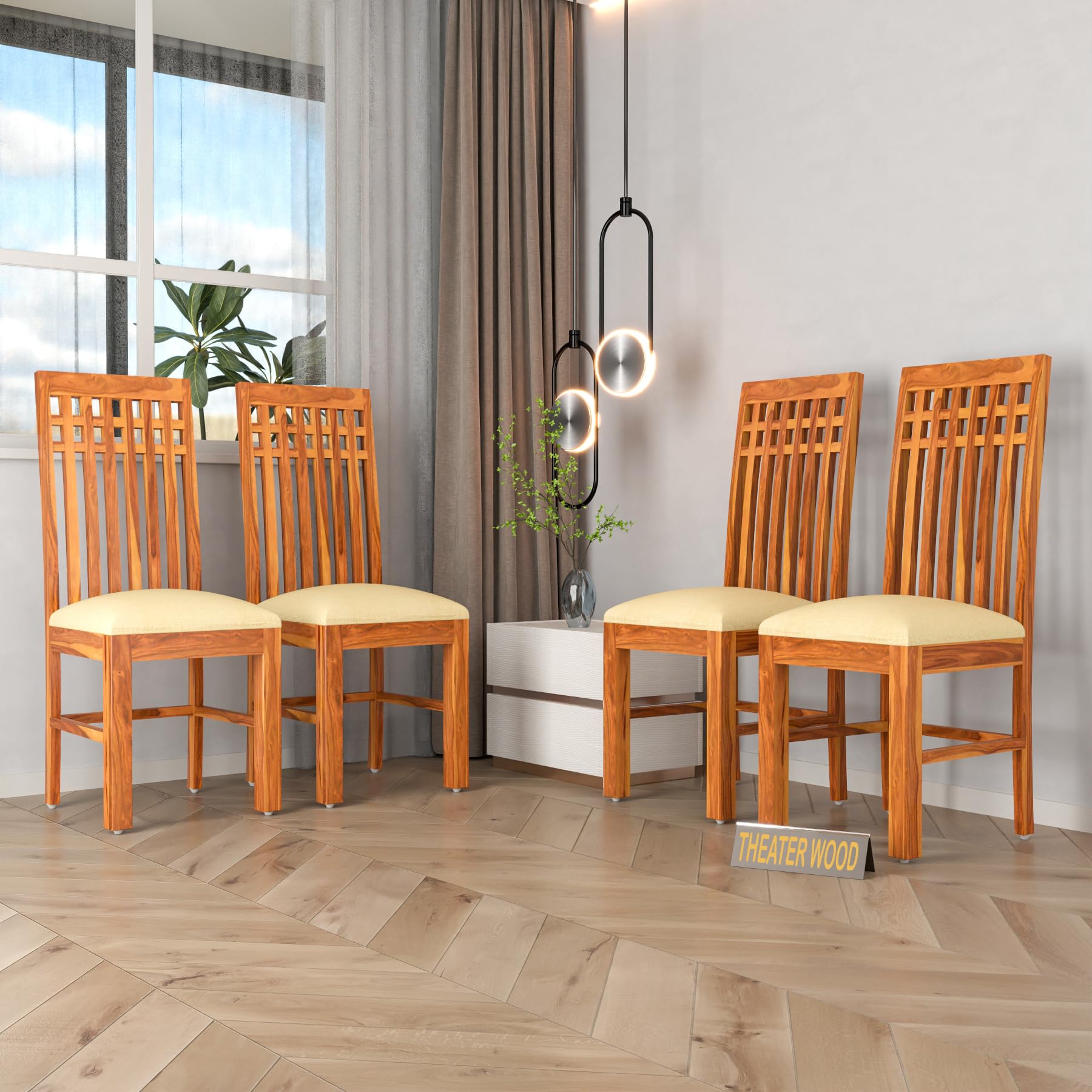 Solid Sheesham Wood Dining Chair Set of 4 | Premium Wooden Dining Chairs with Cushioned Seat | Elegant Vertical Slatted High Backrest | Heavy Duty Dining Table Chairs-image-24