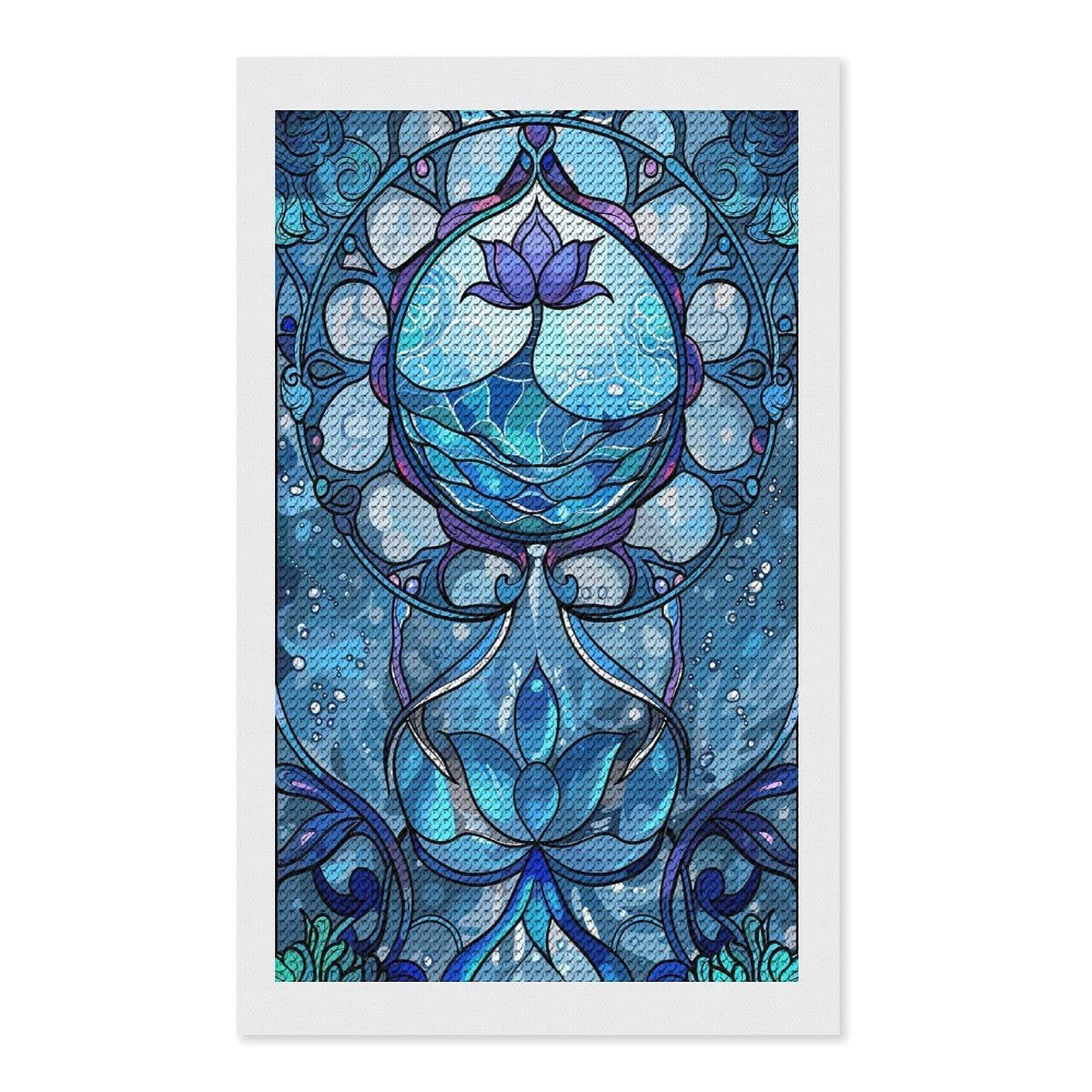 Junmoney Blue Lotus Water Stained Glass Art DIY Diamond Art Canvas Kit 12"x20", Relaxing DIY, Sparkling Crystal Beads, Vintage Style Decor, Holiday Gift Idea