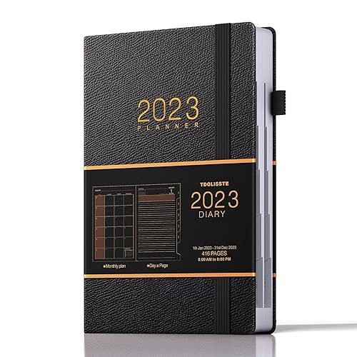 TDOLISSTE - Academic Diary 2023 Day to Page A5 Planner (365-page Daily Plan and 24-Page Monthly Plan), Pen Loop and Inner Pocket, Hardback Cover Black