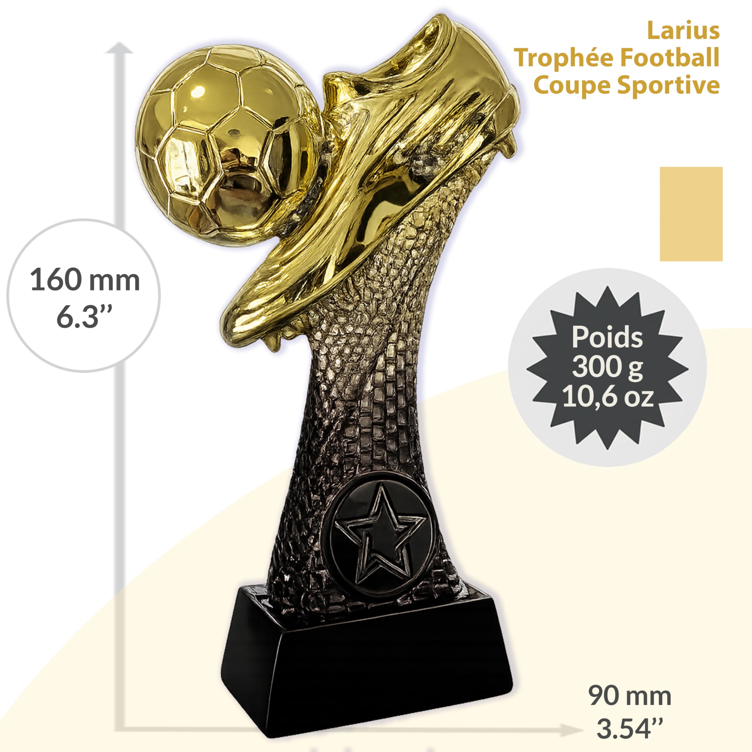 Larius Trophée de football 16 à 21,5 cm (300 à 500 g) - Coupe de vainqueur avec/sans gravure - Coupe de football pour enfants et adultes - Tournoi MVP, récompense - F6