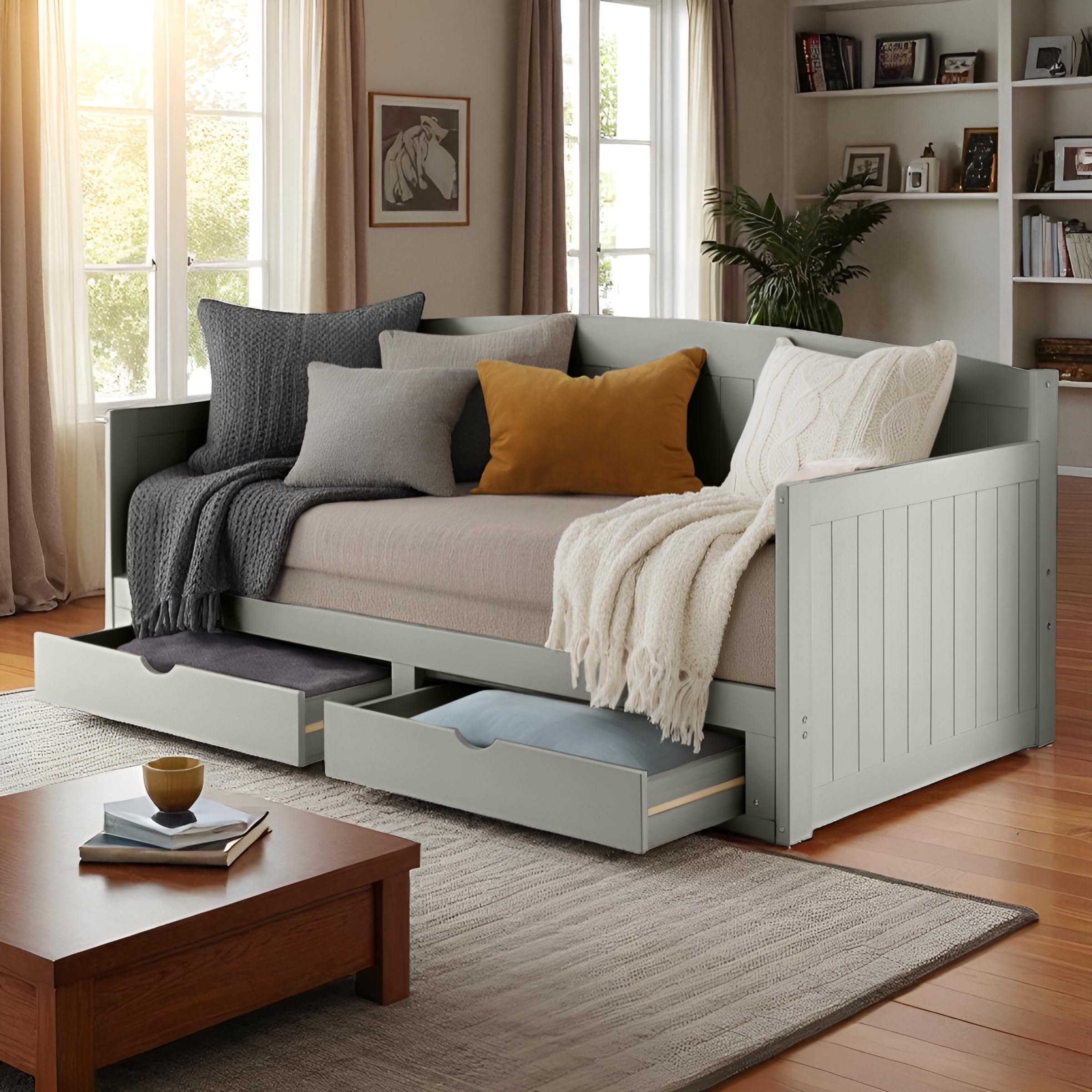 Alaterre Furniture Harmony Twin to King Daybed with Pop Up Trundle Bed - Solid Wood Twin Day Bed with 2 Pull-Out Storage Drawers and 400lb Capacity - For Kids, Guest Room, Living Room (Dove Gray)