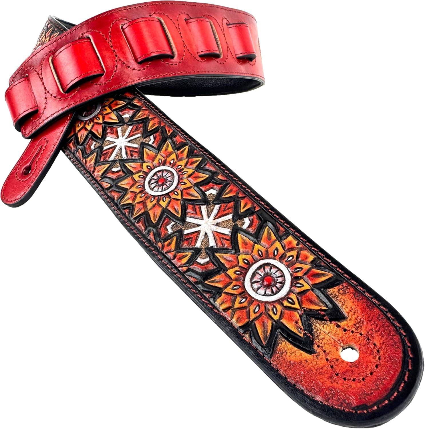 Walker & Williams LIH-3 Cherry Burst Red Hand Carved Premium Leather Guitar Strap With Black Zodiac Star Design And Premium Padded Leather Back For Acoustic, Electric, And Bass Guitars
