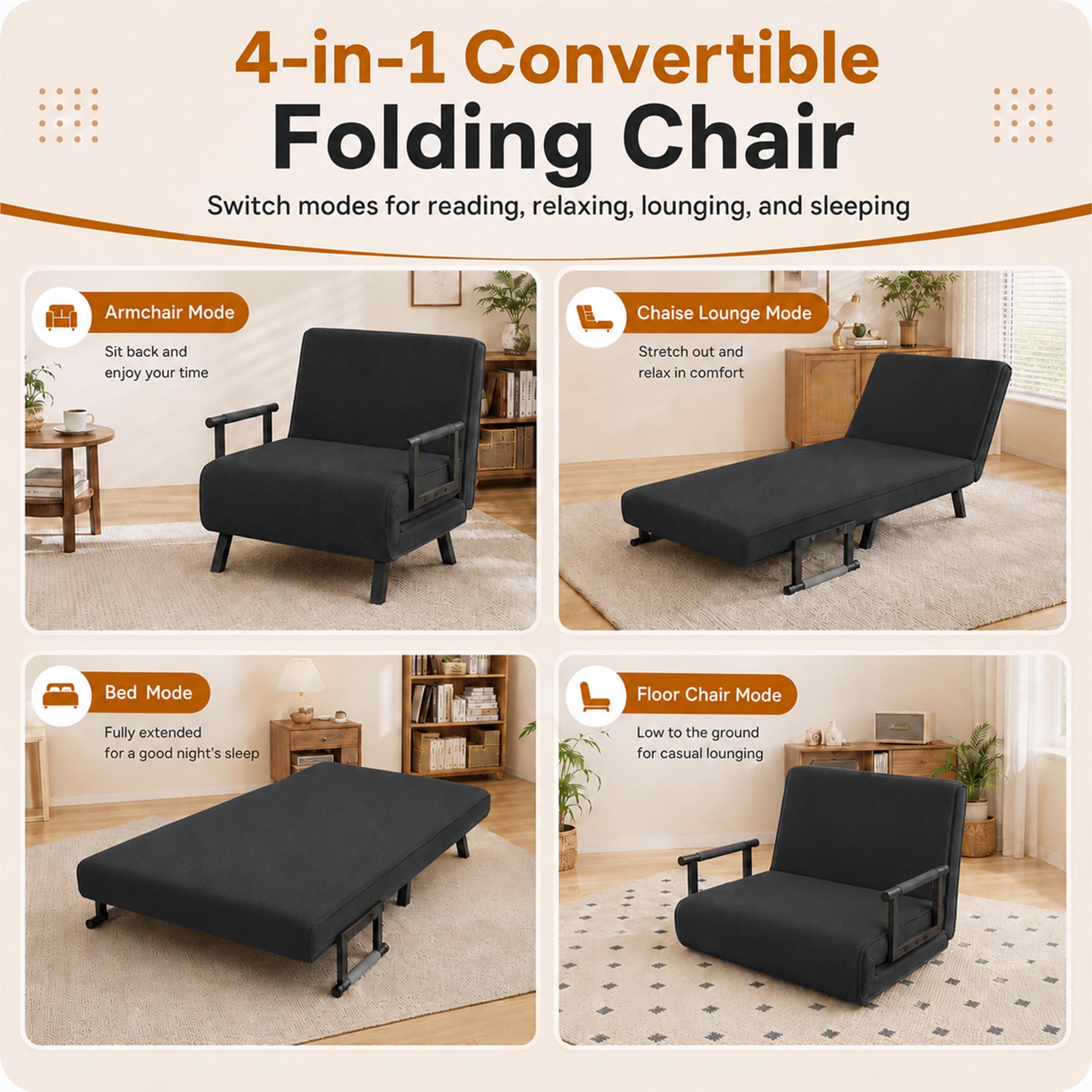 2-in-1-Schlafsofa mit Armlehnen – Bettfunktion – Verstellbare Rückenlehne – Inklusive Kissen – Bis zu 200 kg – Klappstuhl, Liegesessel, Schlafsofa, Klappbett, Gästebett, Wohnzimmer, Schwarz