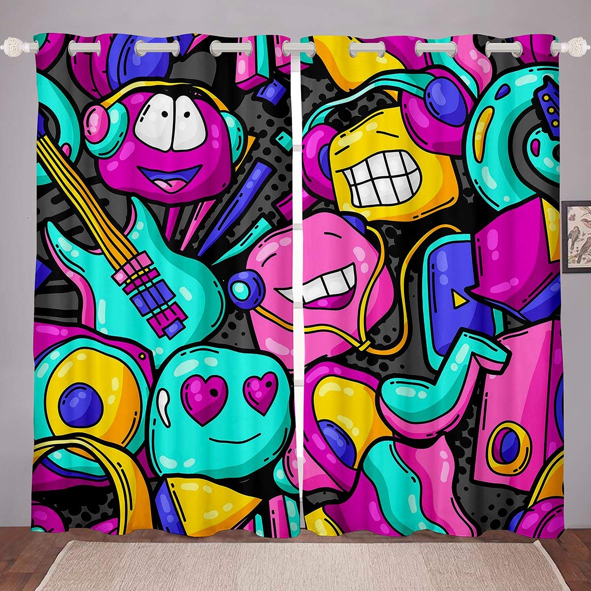 Tende da finestra stile hippie con chitarra, stile hip hop, per camera da letto, soggiorno, per bambini, ragazzi, ragazze, musica, chitarra, tende a tema rock, trattamenti, W66 x L90