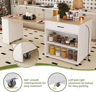 DRIXNO 80'' Kitchen Island with Extendable Dining Table for 2-6 Person, Mobile Storage Cart with Cabinet & 2 Drawers, Solid Wood Grain Countertop with Power Outlet for Bar, Kitchen Prep Table(White)