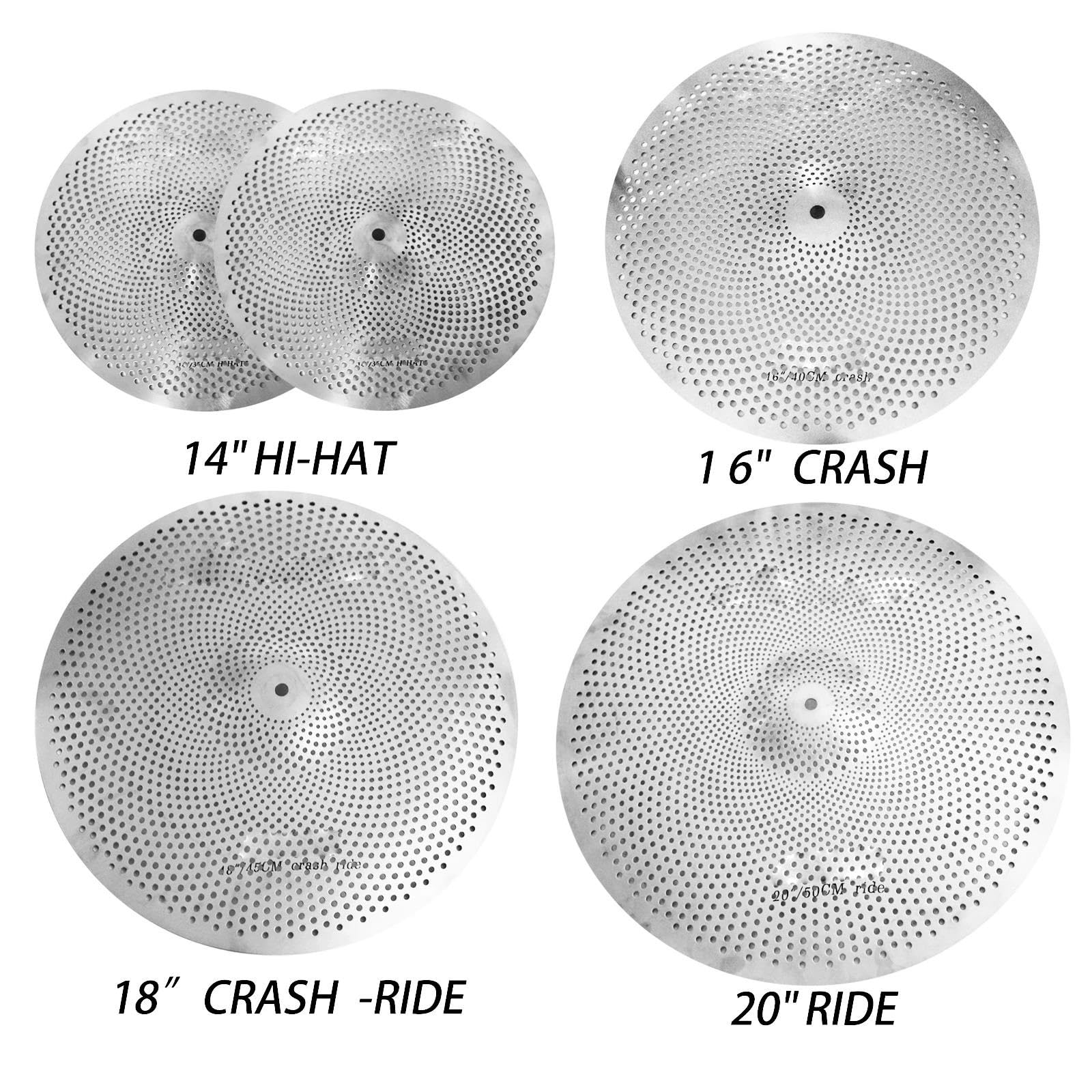 Profesjonalna Talerz Zestaw Talerzy Low Volume 14 Hihats 16/18 Crash 20 Inch Ride 5 Częściowy Zestaw Wyciszający(Silver)