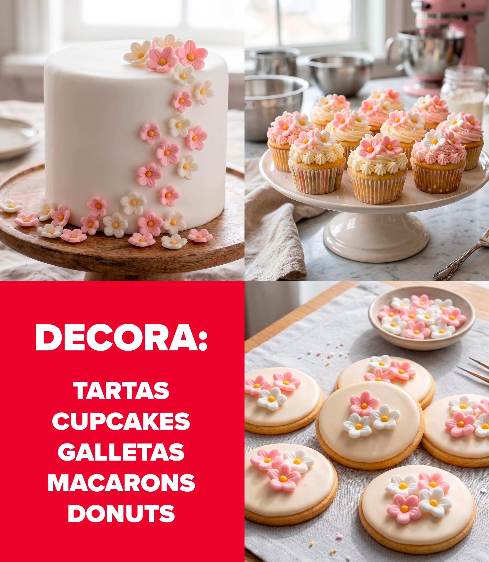 Dekora Caja Flores Azucar 7 Margaritas Blancas 7 Rosas Figuras Comestibles Tartas Decoracion Tarta Cumpleaños