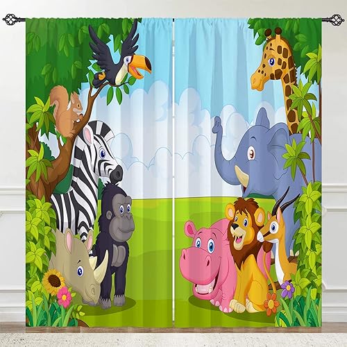 Miniatura 3 de ANHOPE Cortinas de animales para niños, diseño de zoológico, diseño de selva, safari, vida silvestre, elefante, jirafa, león, bolsillo para barra,