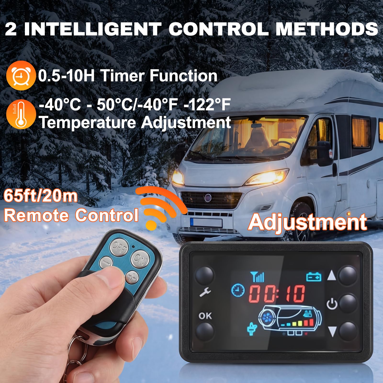 Chauffage Diesel Tout-en-Un Portable 12 V 5-8 KW 0,16-0,52 L/h Réchauffeur d'air Diesel 8-36 ℃ Réglable 15-20 m² Contrôle Intelligente LCD Télécommande Réservoir pour Bateau Auto Intérieur