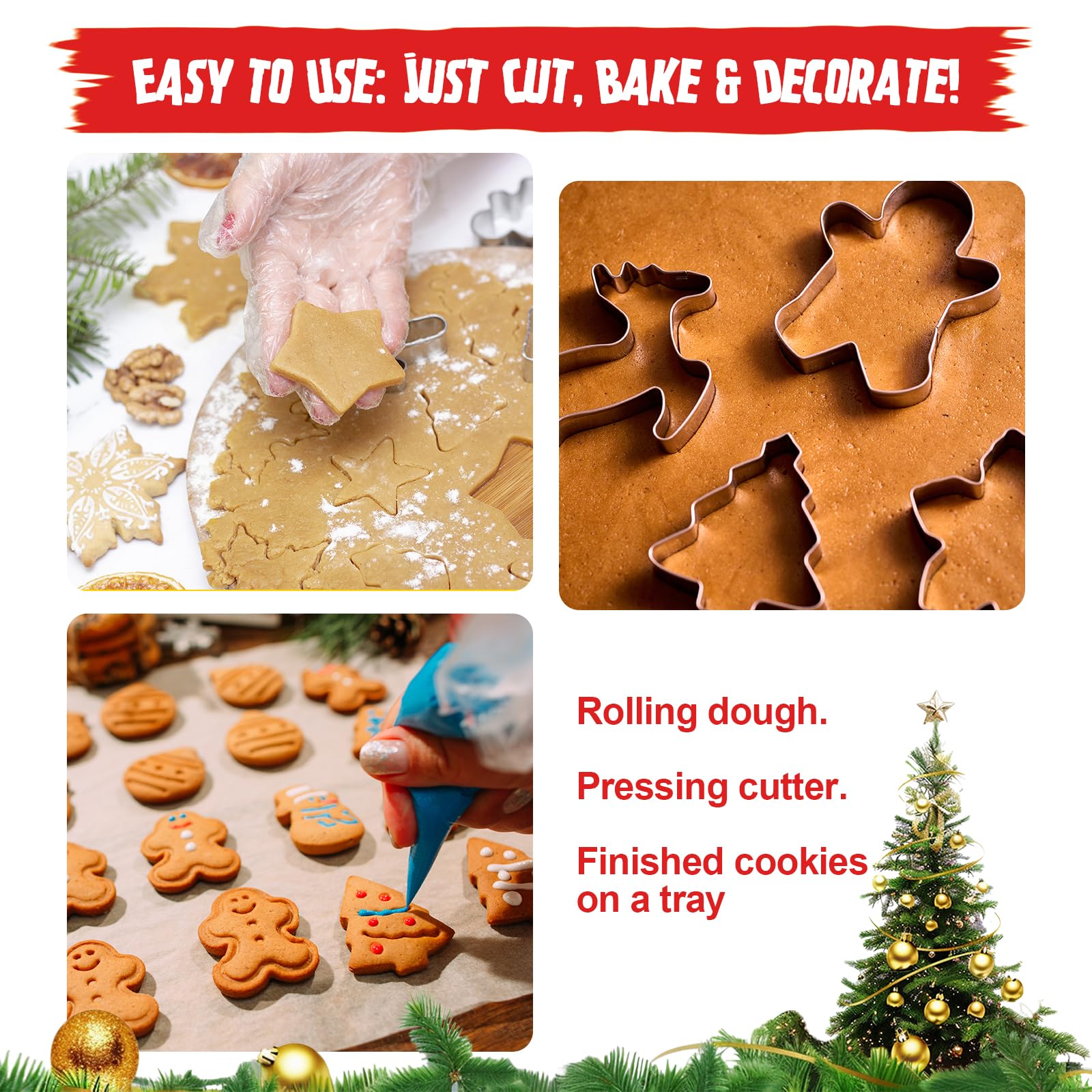 Lot de 16 emporte-pièces de Noël en acier inoxydable (bottes, cloches, sucre d'orge, arbres, etc.) pour décoration de pâtisserie, biscuits, fondant, pain d'épices, idées cadeaux de vacances