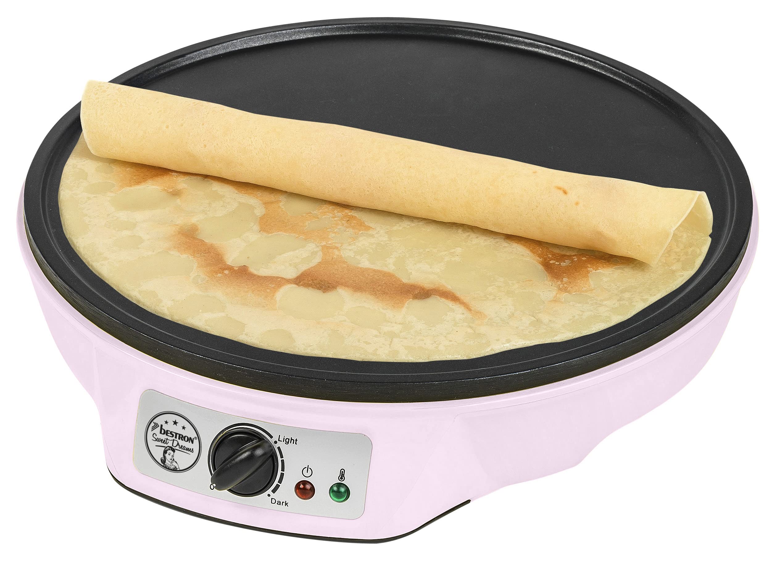 Bestron Crepera de diseño retro, Crepera electrica para crepes de Ø 30 cm, incl. esparcidor de masa y volteador de crepes, con revestimiento antiadherente, 1000 vatios, color: rosa
