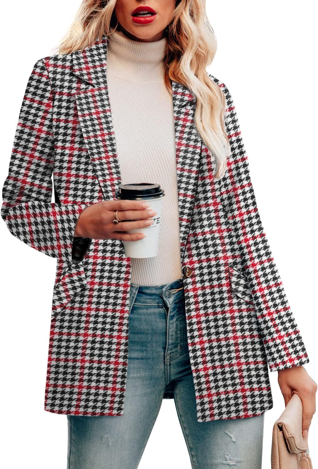 CRAZY GRID Womens Casual Blazer Jacket Long Sleeve Open Front Work Office Blazer Lapel Button Jacket