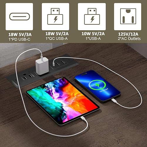 Miniatura 4 de Mesa auxiliar con estación de carga rápida USB C, mesa auxiliar de sofá de 18 pulgadas de ancho con 2 cajones, armario de almacenamiento cuadrado de