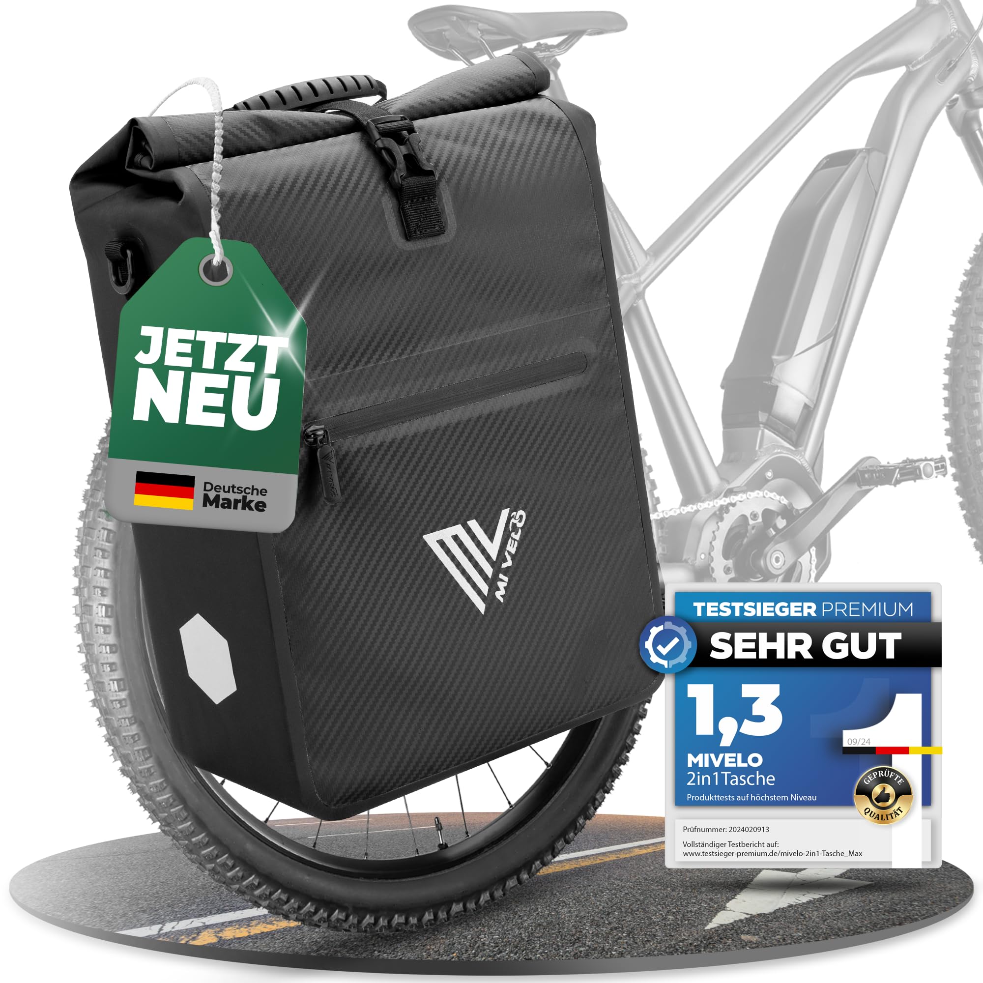 MIVELO 2in1 Fahrradtasche für Gepäckträger Gepäckträgertasche 100% wasserdicht Fahrrad Tasche für Gepäckträger (Schwarz-Carbon, 25L)