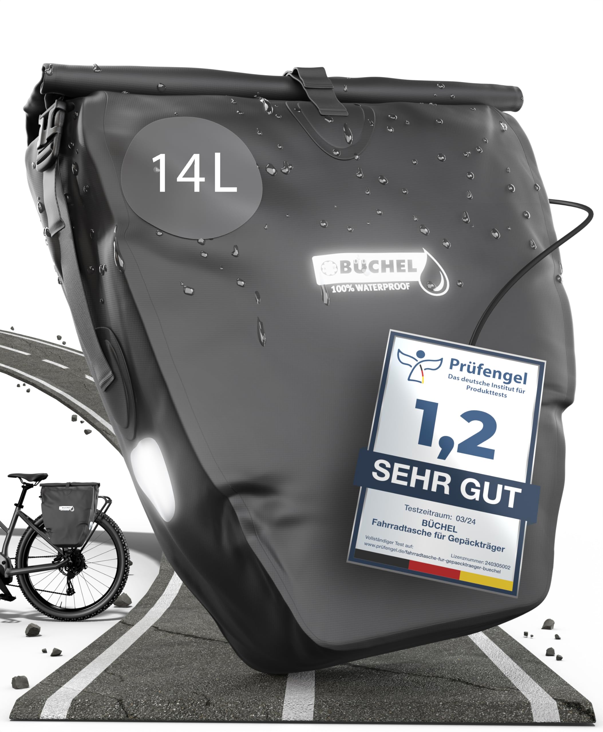 Büchel 14L Waterproof Bicycle Pannier Bag, Black, Includes Shoulder Strap and Carry Handle, Reflective and Locking Function, Ideal for Work and Leisure