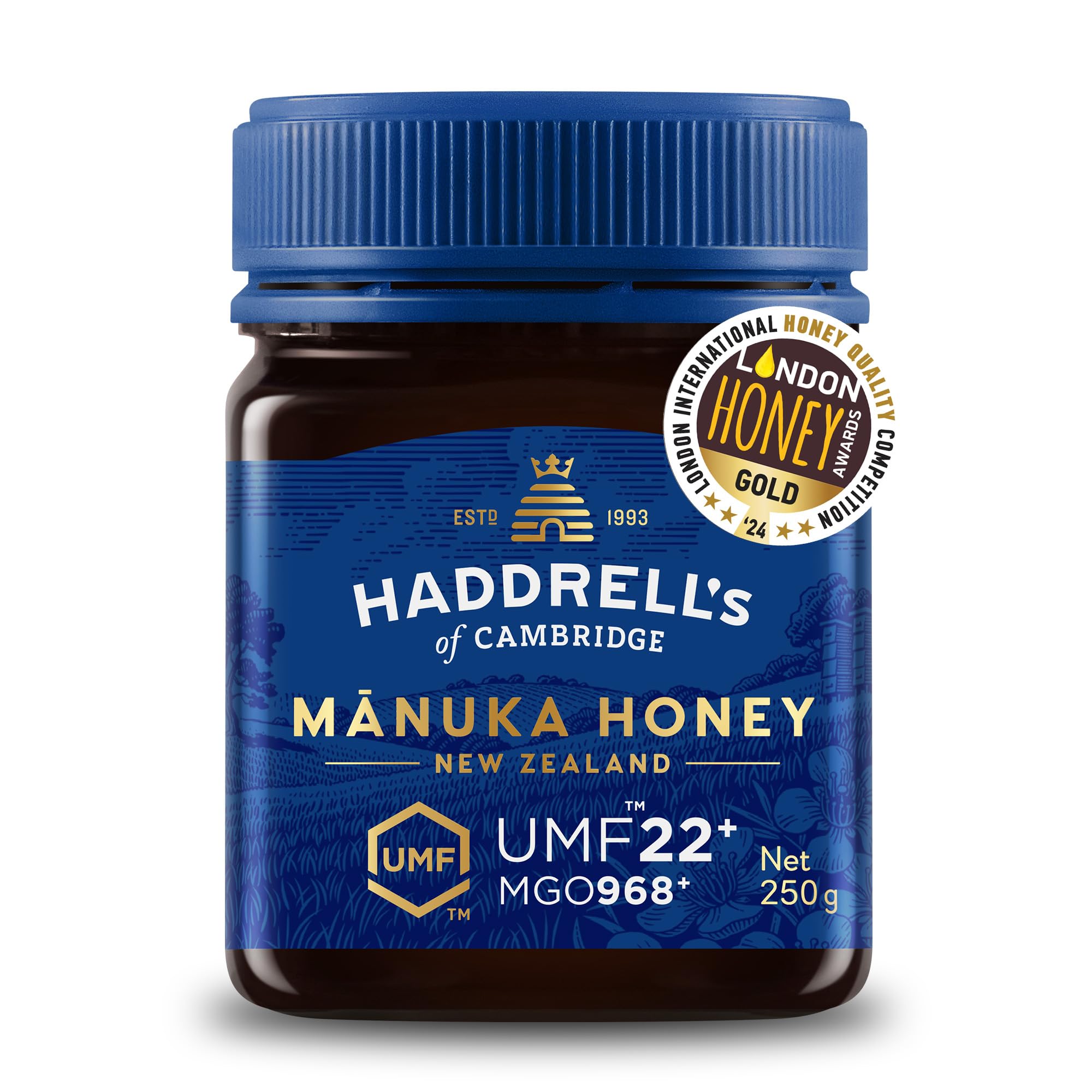 Haddrell's of Cambridge Manuka Honig 1000 MGO circa (UMF 22+) 250g | Zertifizierter Manukahonig aus Neuseeland – Reich an Methylglyoxal – Nachhaltig, roh und mit hohem MGO - Rohhonig