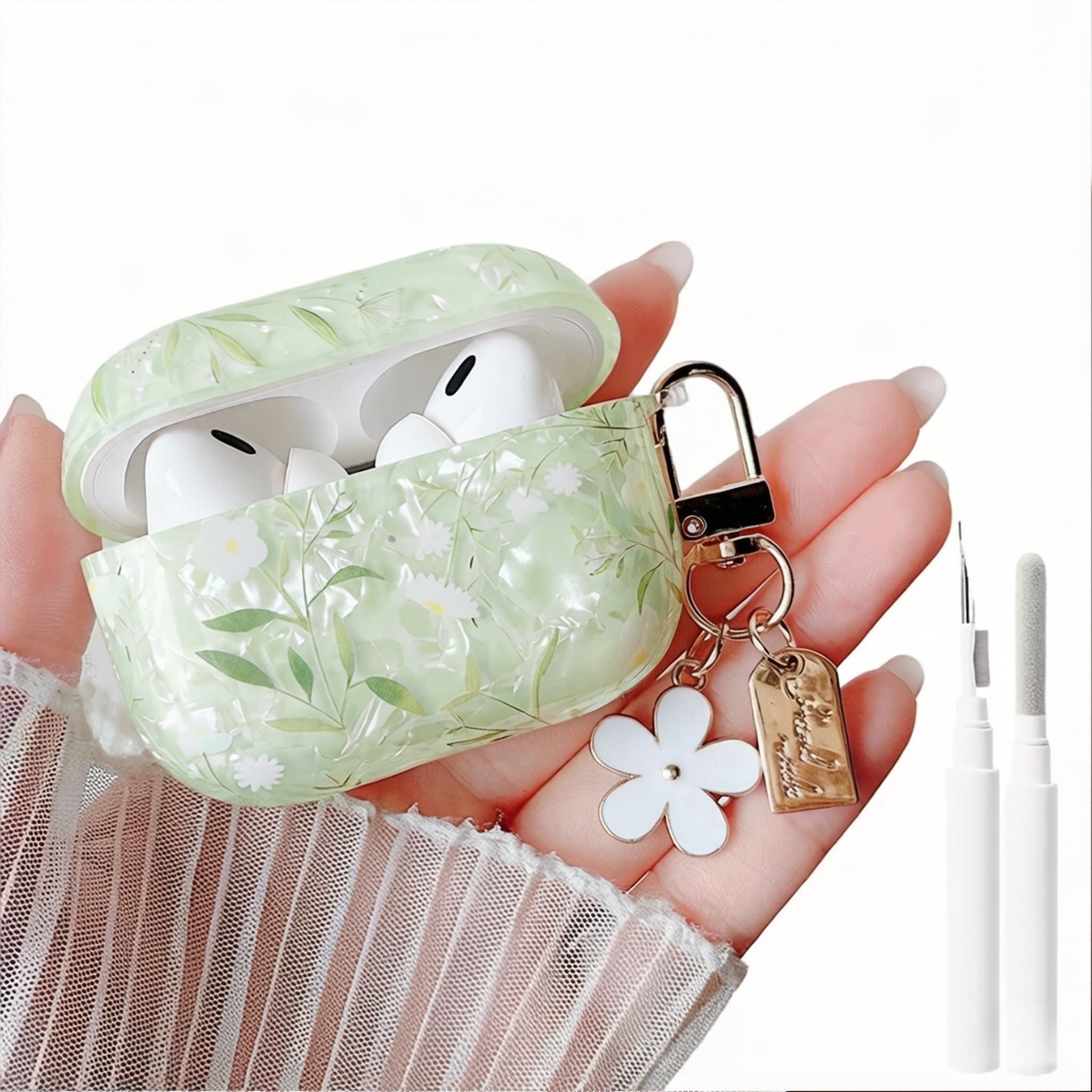 MINSCOSE for Cute Glitter AirPods Pro 2nd/1st Generation Case,Shell Pattern Pretty Flower Design with Girly Floral Keychain,Soft TPU Protective Cover with Cleaner Kit for AirPods Pro/Pro 2-Green1