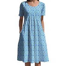 LIZALIG Women's Flowy Beach Dress Short Sleeve Round Neck Summer Boho Maxi Dresses with Pockets for Vacations Resorts