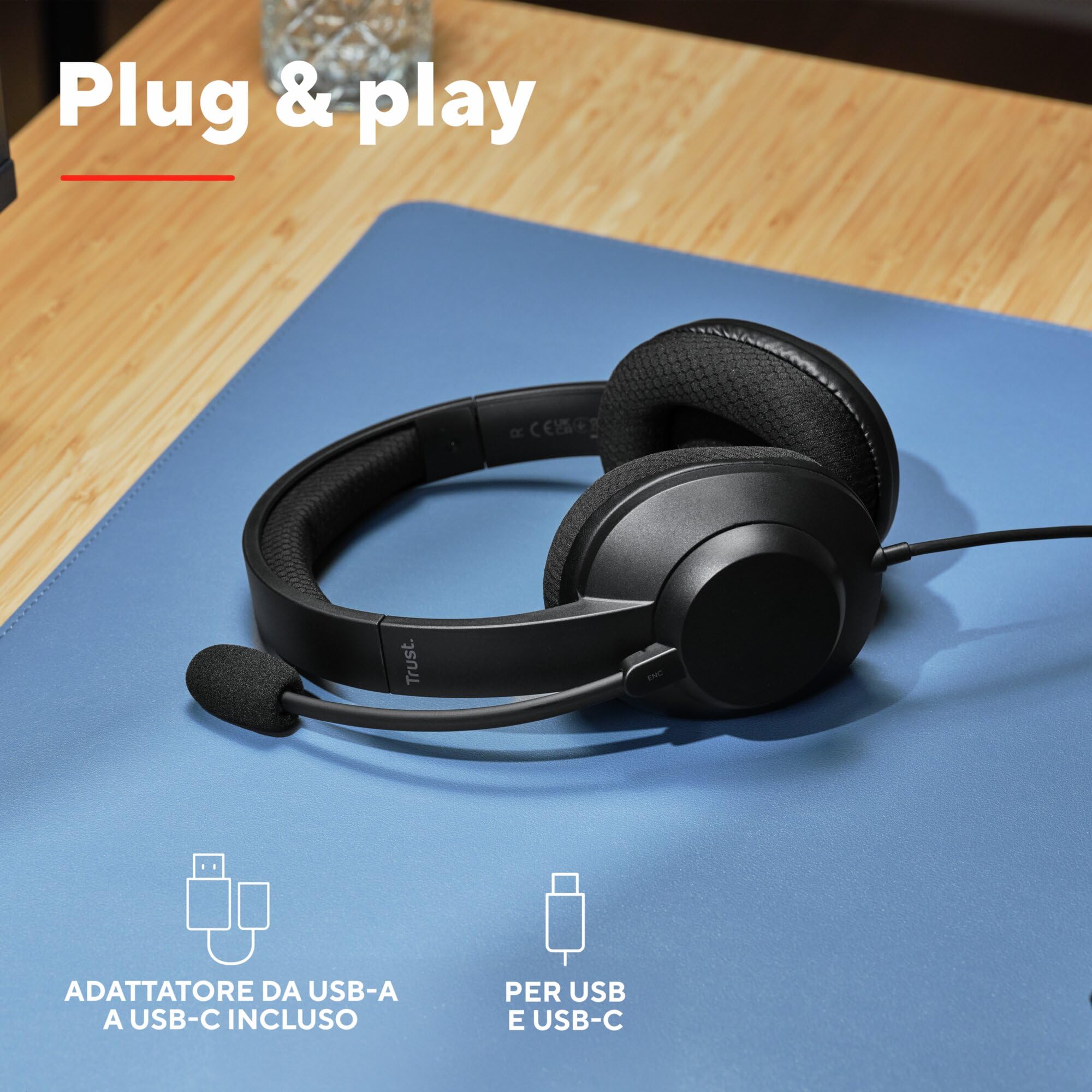 Trust Ayda Max USB Cuffie con Microfono ENC Cancellazione del Rumore, Auricolari con Filo 1,80 m, Mic Noise Cancelling, 85% Plastica Riciclata, Headphones Over-Ear Cablato per PC Laptop Mac, Nero