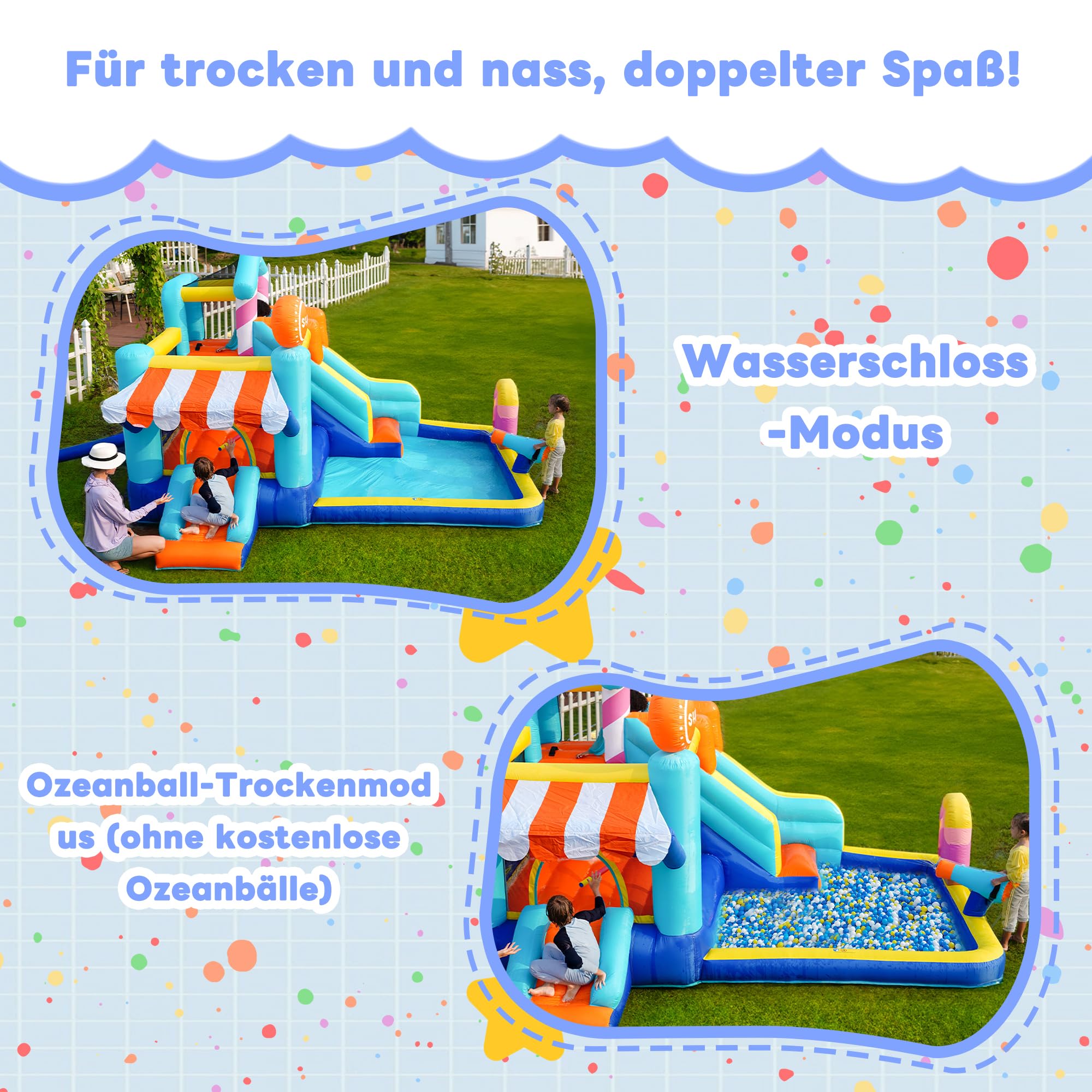 Castello gonfiabile per bambini con ventilatore, parco acquatico multifunzionale all'aperto con trampolino, scivolo d'acqua, piccolo scivolo, fontana, pistole ad acqua, con ventilatore da 450 W, blu