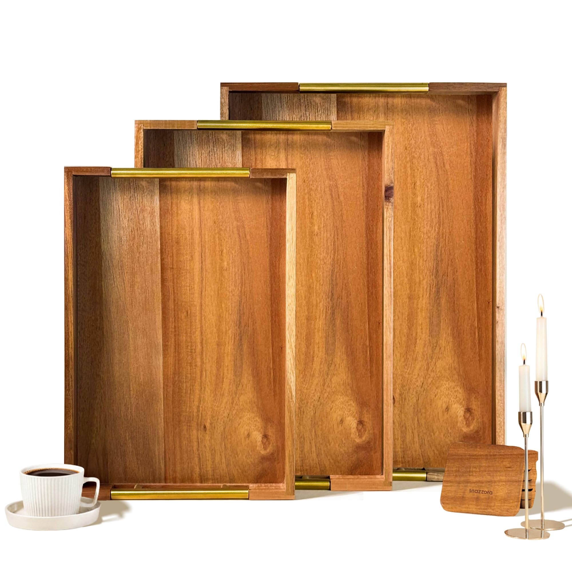 Juego de 3 bandejas decorativas para servir, madera de acacia + asas de acero dorado, mesa de café u bandeja otomana para desayuno en la cama, joyería y organización de decoración