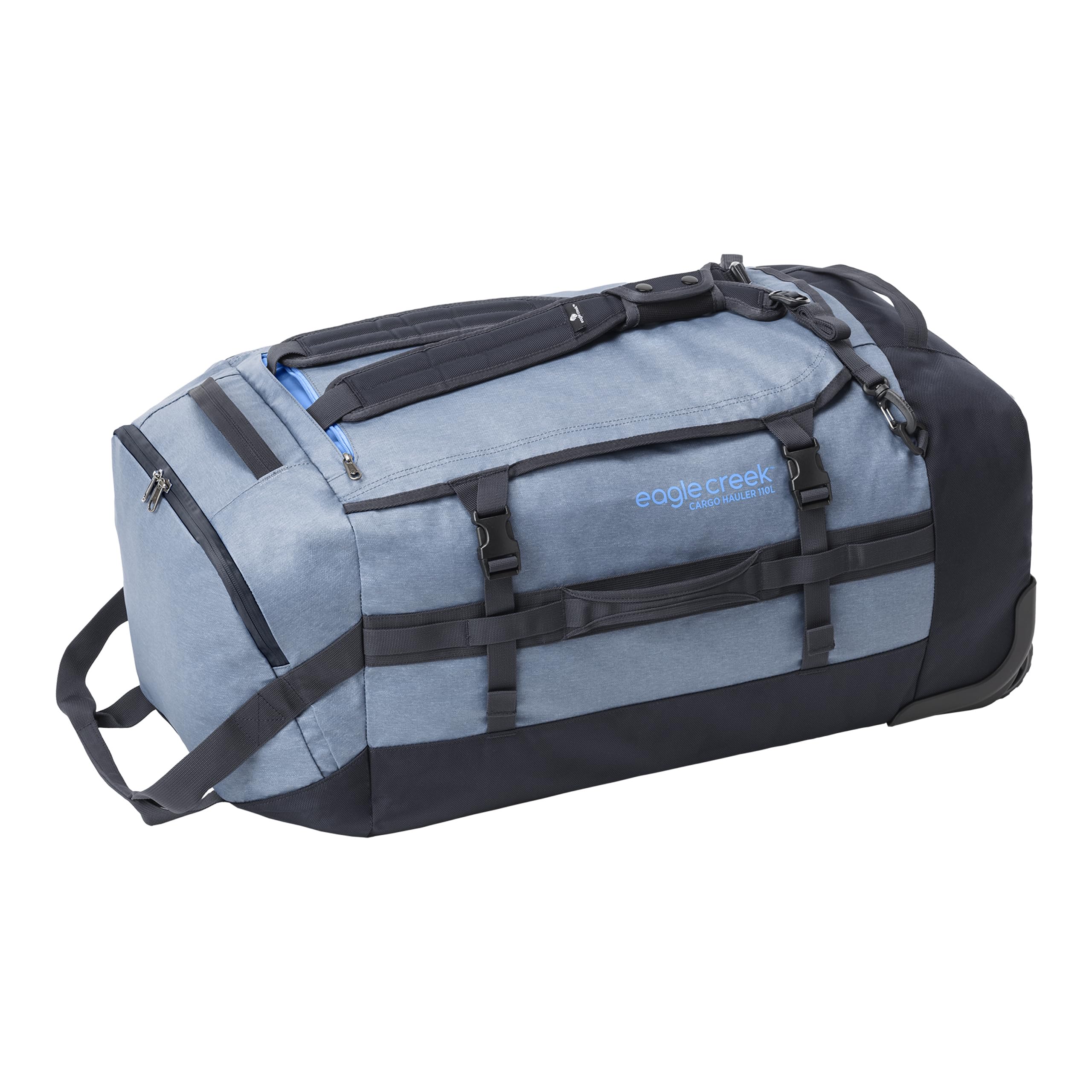 Cargo Hauler Wheeled Duffel - Durable Duffel Bag for Travel - Easy Access Compartment - Deployable Backpack Straps - Lockable Zipper Opening - Glacier Blue - 110L