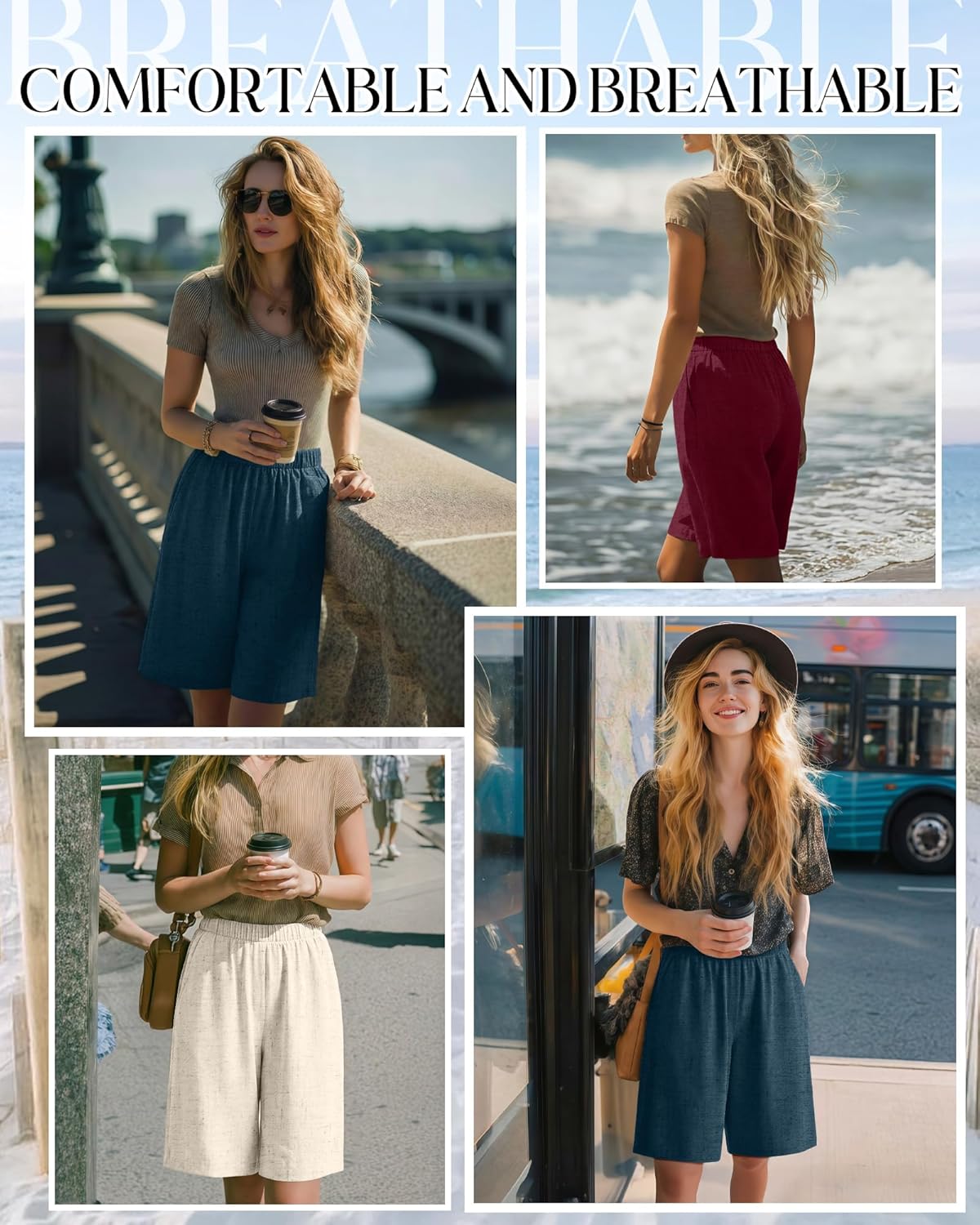 Riyiper 3 Pack Women's Linen Shorts Elastic High Waist Bermuda Wide Leg Summer Casual Lounge Short with Pockets - Image 4