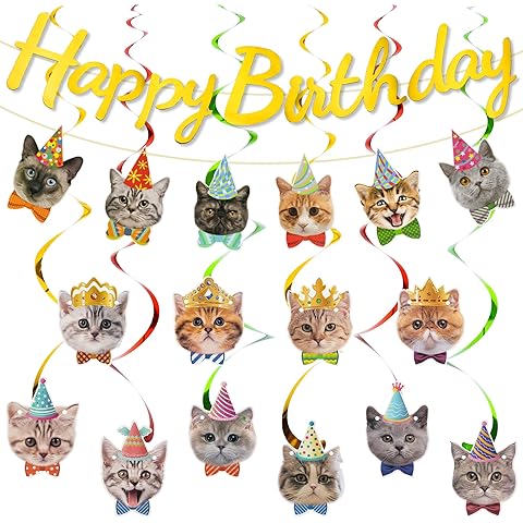 Cat Theme Birthday Party Decorations,Cat Birthday Party Supplies Kit,28 PCS Kitty Themed Decorations Happy Birthdays Banners Cats Hanging Cutouts Hanging Swirl Decor for Kids, Boys, Girl