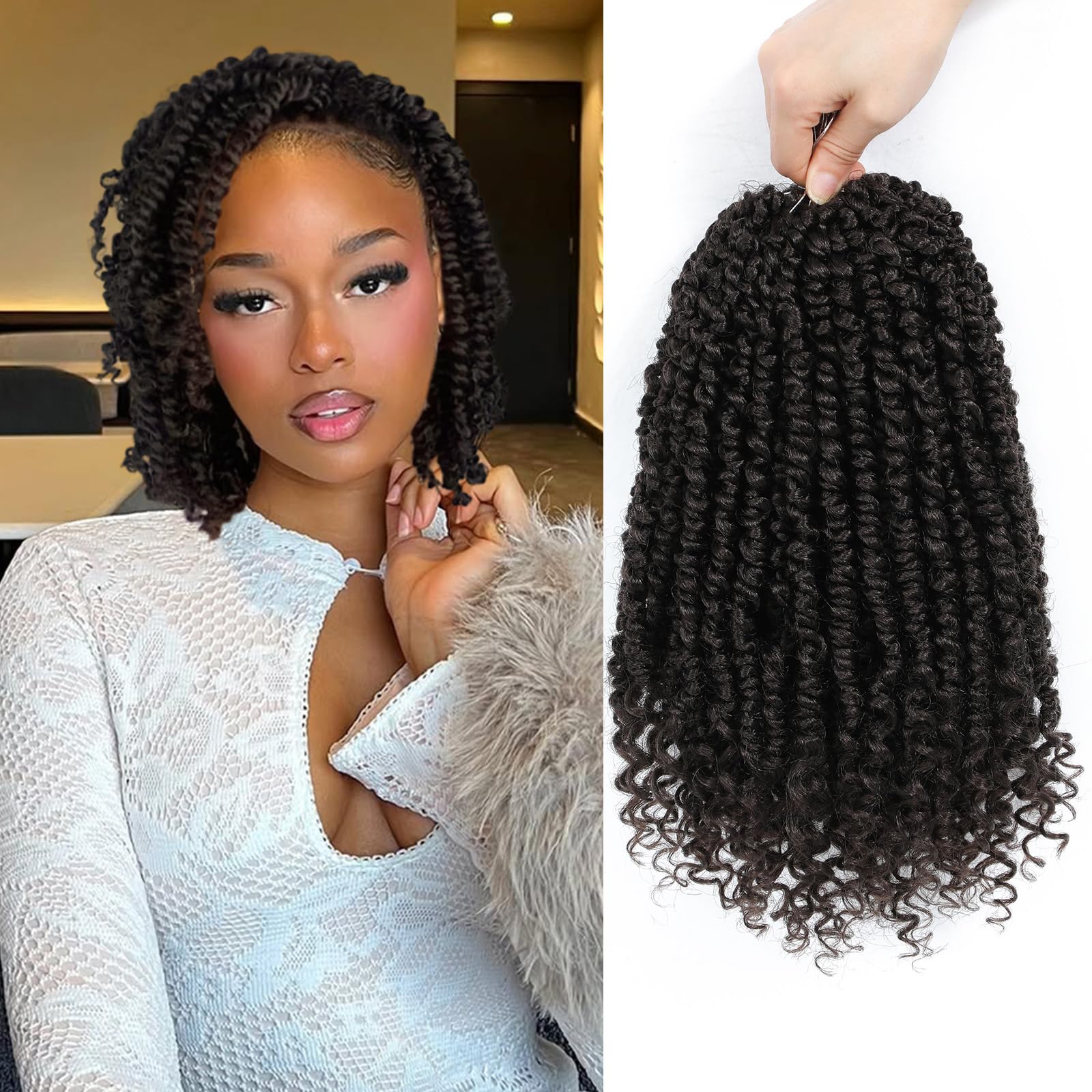 Alicoco Passion Twist Crochet Hair 8 Inch Passion Twist Hair Pre Looped 8 Packs Spring Twist Crochet Braids with Curly Ends Pre-Twisted Crochet Hair