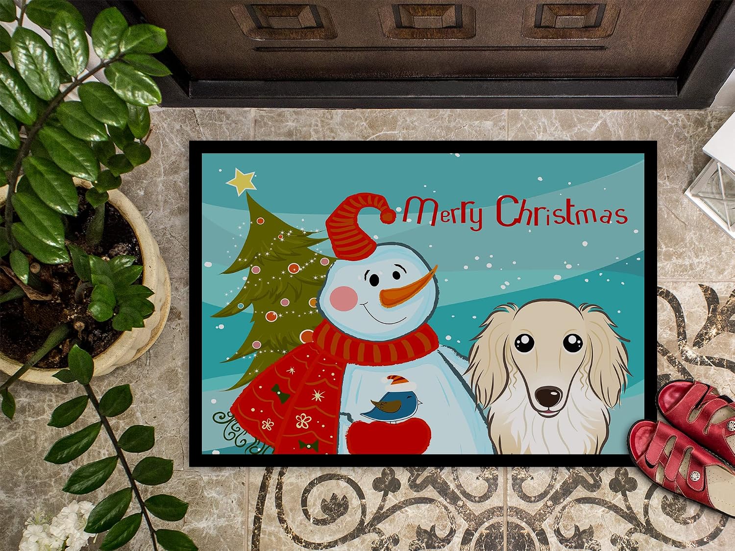 Caroline's Treasures BB1832MAT Snowman with Longhair Creme Dachshund Doormat 18x27 Front Door Mat Indoor Outdoor Rugs for Entryway, Non Slip Washable Low Pile, 18H X 27W