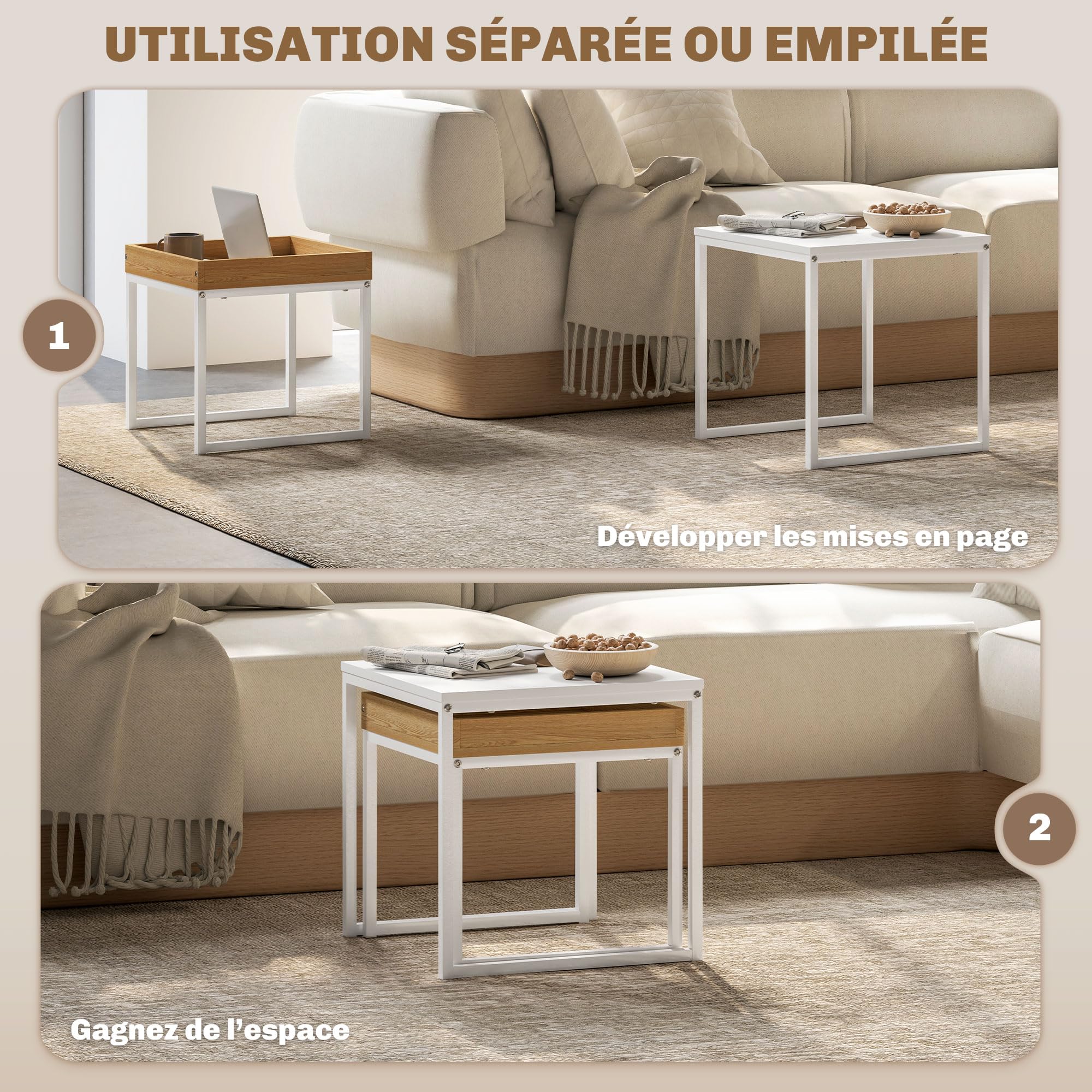 HOMCOM Lot de 2 Tables Basses Gigognes Carrées, Tables Gigognes de Salon avec Cadre en Acier, pour Salon, Chambre, Petit Espace, Style Moderne, Blanc