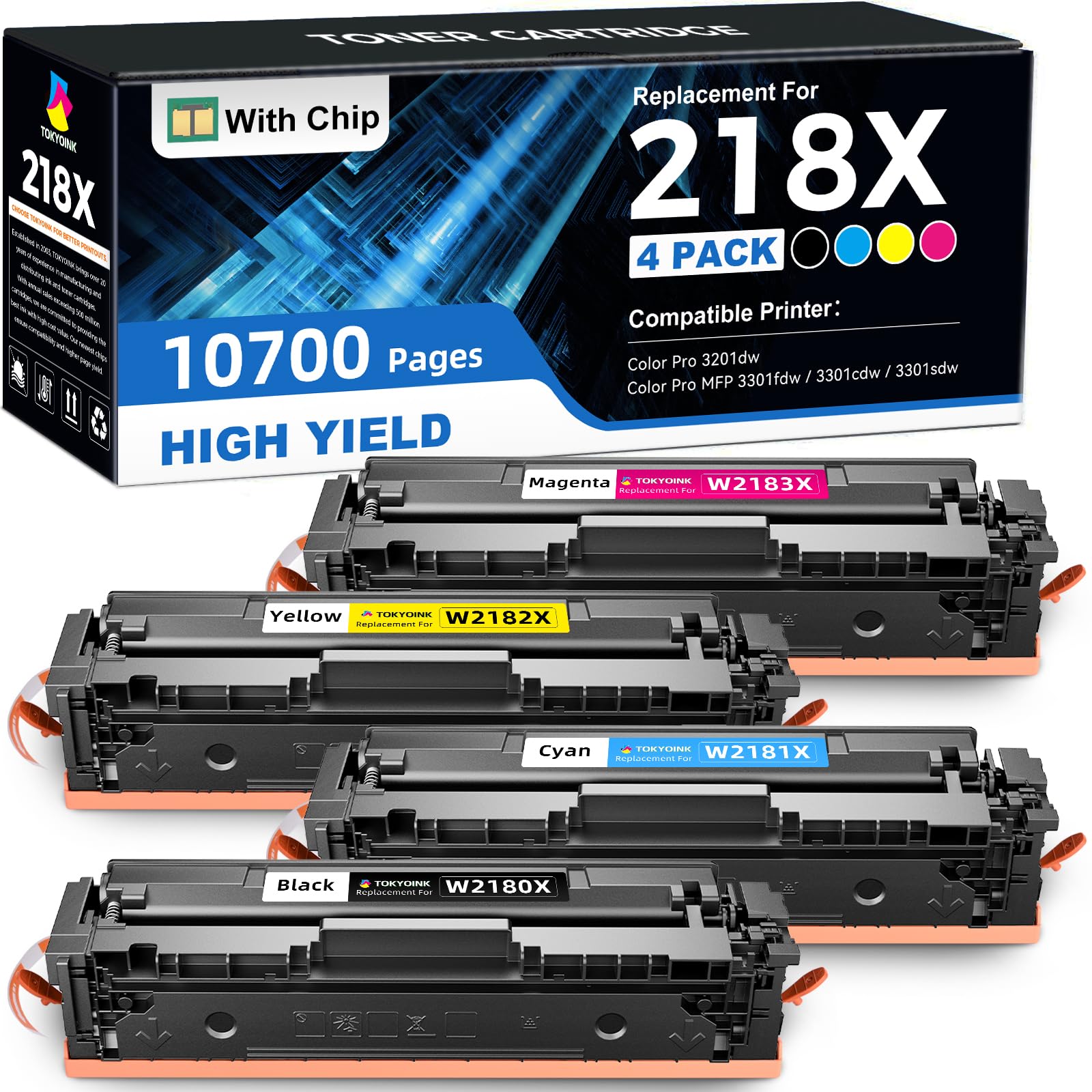 Photo 1 of TOKYOINK 218X Toner Cartridges 4 Pack Compatible for HP 218X Toner Cartridges 4 Pack 218A Toner for HP Color LaserJet pro MFP 3301fdw Toner 3201dw 3301cdw 3301sdw Printer Ink High Yield W2180A W2180X