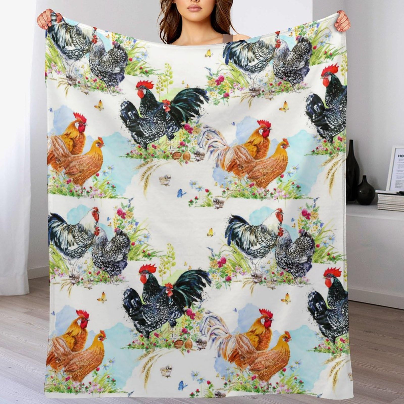 Melbrakin Color699 Rooster Chicken Watercolor Flowers Soft Flannel Travel Blanket, Living Room Home Sofa Decoration Blanket, Dormitory Office Nap Blanket