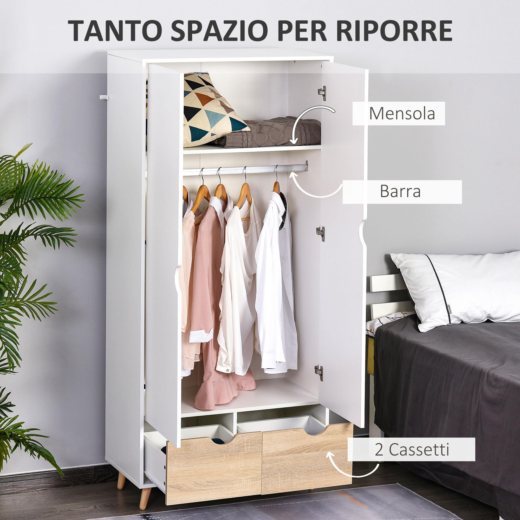 HOMCOM Armadio Guardaroba a Due Ante in Legno con Maniglie Intagliate, Armadio Camera da Letto con Ripiano, Appendiabiti e 2 Cassetti, 80x40x180cm, Bianco