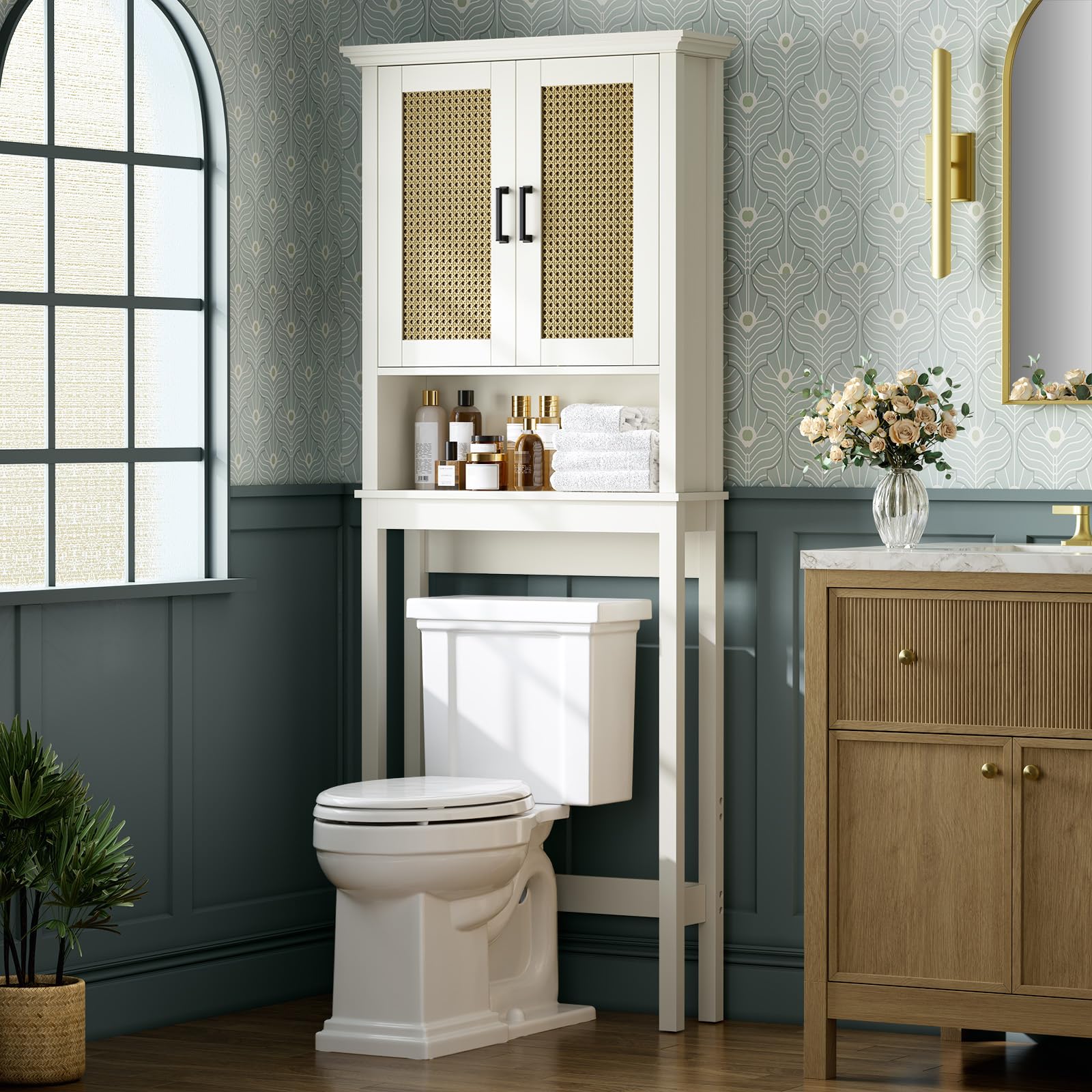Baztin Over The Toilet Storage Cabinet, Over Toilet Storage Cabinet with Rattan Door and Anti-Tip, Above The Toilet Storage for Bathroom Behind The