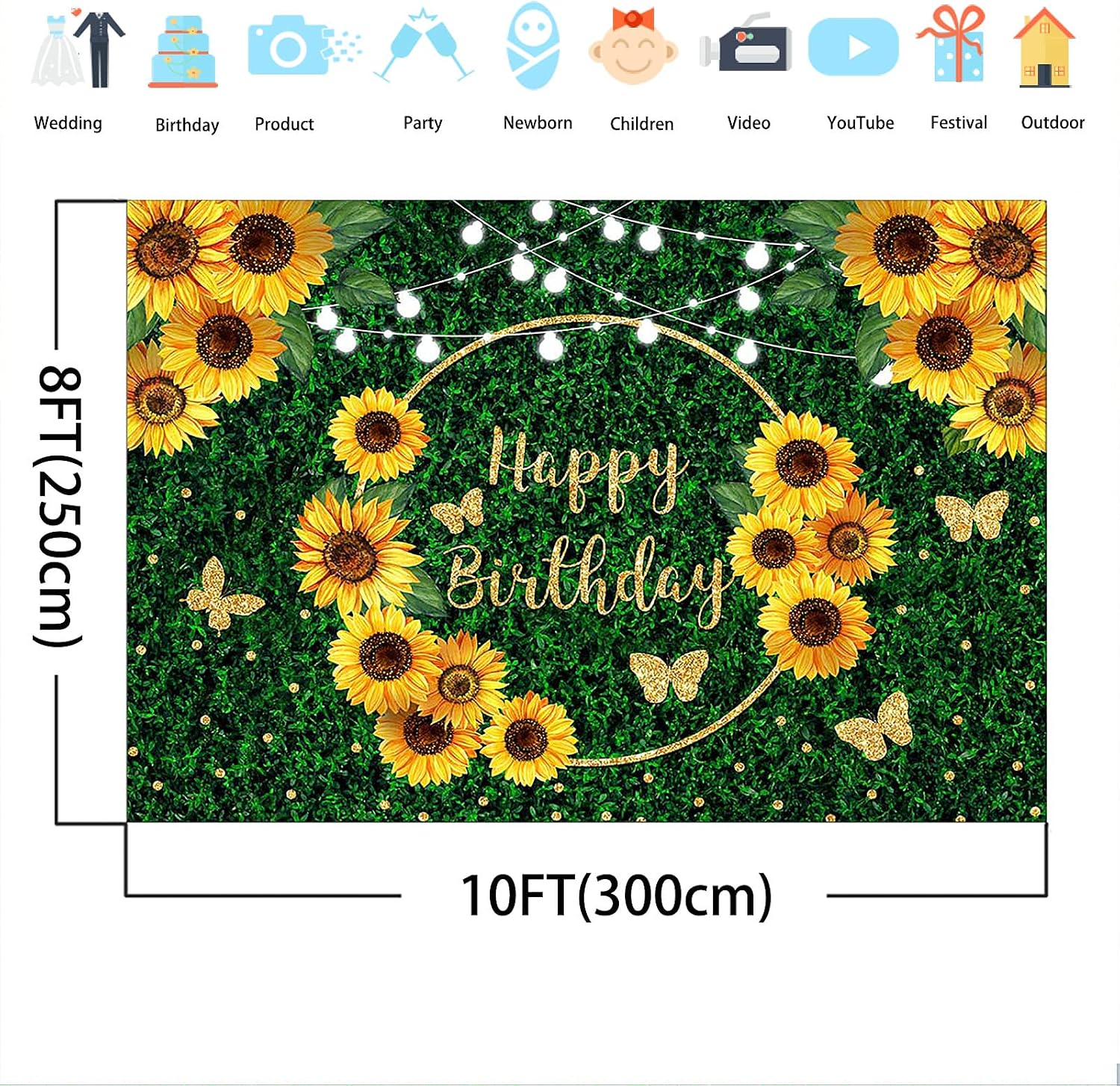 Avezano Sunflower Grass Birthday Backdrop Glitter Gold Butterfly Green Grass Lawn Birthday Background Girls Sunflower Grass Butterfly Birthday Backdrops Decorations Photo Studio Props (10x8)