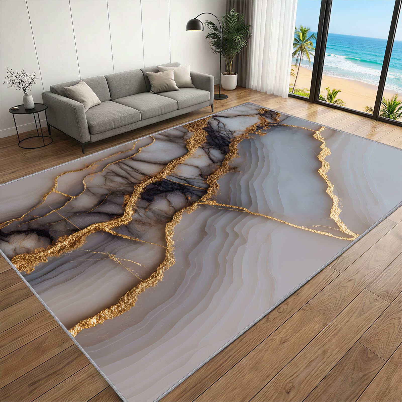 BEQUTIY Marble Rug 150 x 240 cm,Gold Grey Black Marble Rug,Modern Minimalist Rugs for Living Room, Luxury Abstract Art Rugs Washable Non Slip Carpet for Bedroom Dining Room — image 1