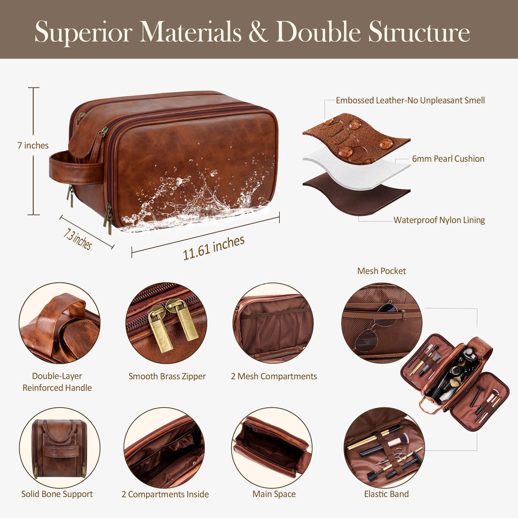 Trousse de toilette de voyage pour homme, poignée double couche, trousse en cuir synthétique résistant à l'eau, fête des pères, Noël, Thanksgiving, garçons d'honneur, cadeau de mariage (marron