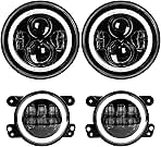 LX-LIGHT Dot Approved 7inch LED Headlights with White DRL/Amber Turn Signal + 4 inch LED Fog Lights with White DRL Halo Ring for Jeep Wrangler 97-2017 JK LJ Tj