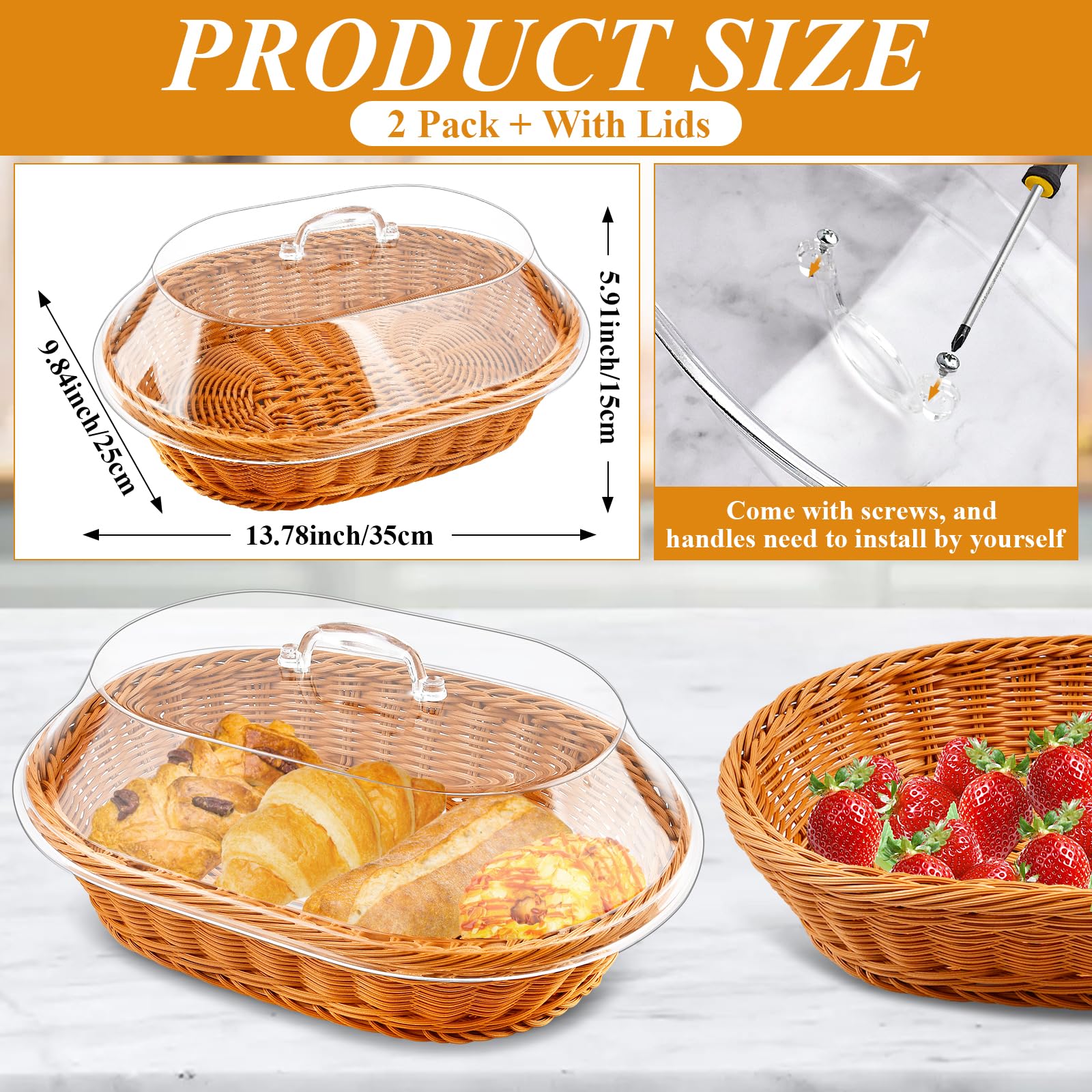 Paquete de 2 cestas de mimbre para pan con tapa acrílica, cesta de pan de ratán de imitación, cestas de pan para servir cesta de frutas tejida ovalada con cubierta para exhibición de alimentos